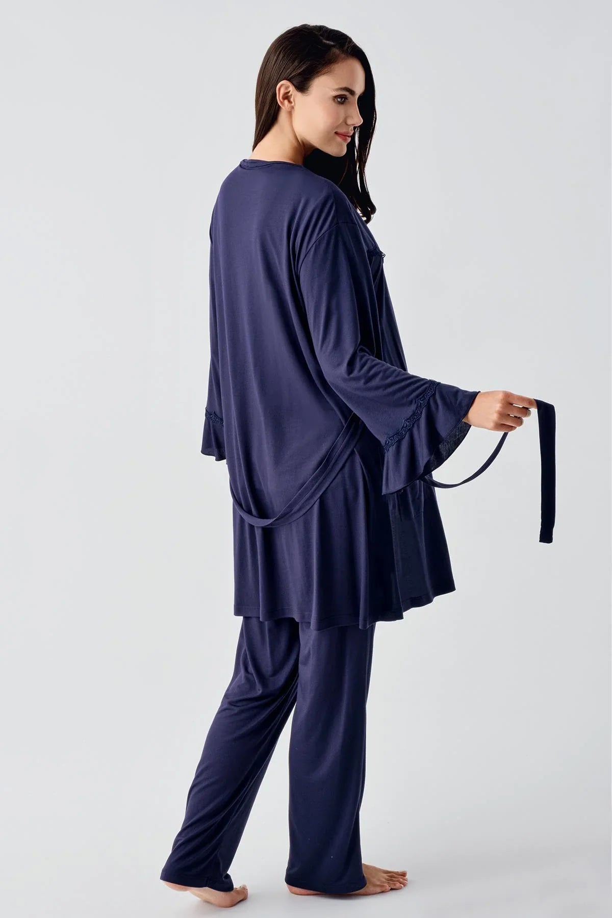 Lace Collar 3-Piece Maternity-Nursing Pajama & Flywheel Arm Robe Set Navy Blue - 23104