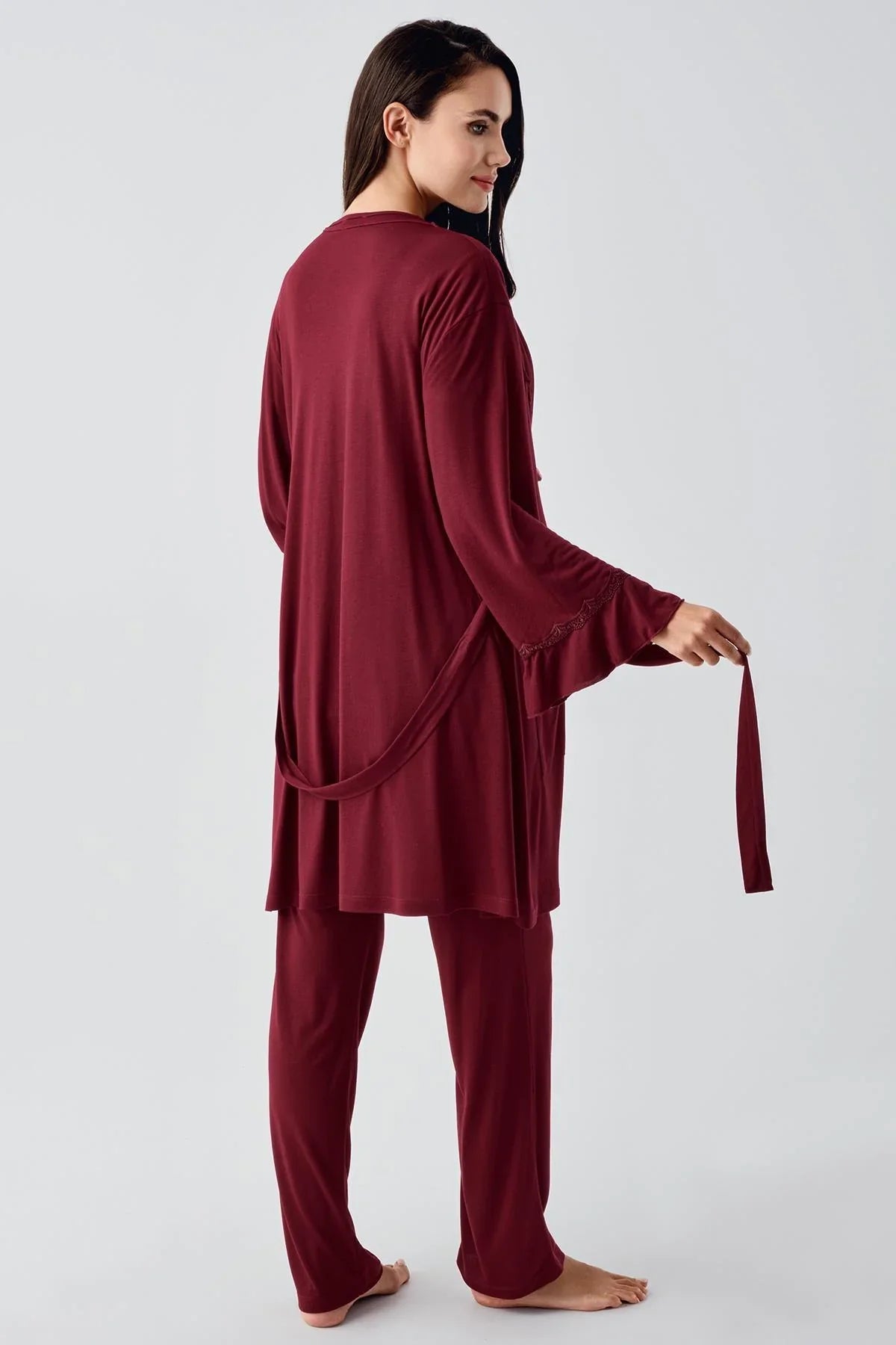 Lace Collar 3-Piece Maternity-Nursing Pajama & Flywheel Arm Robe Set Claret Red - 23104