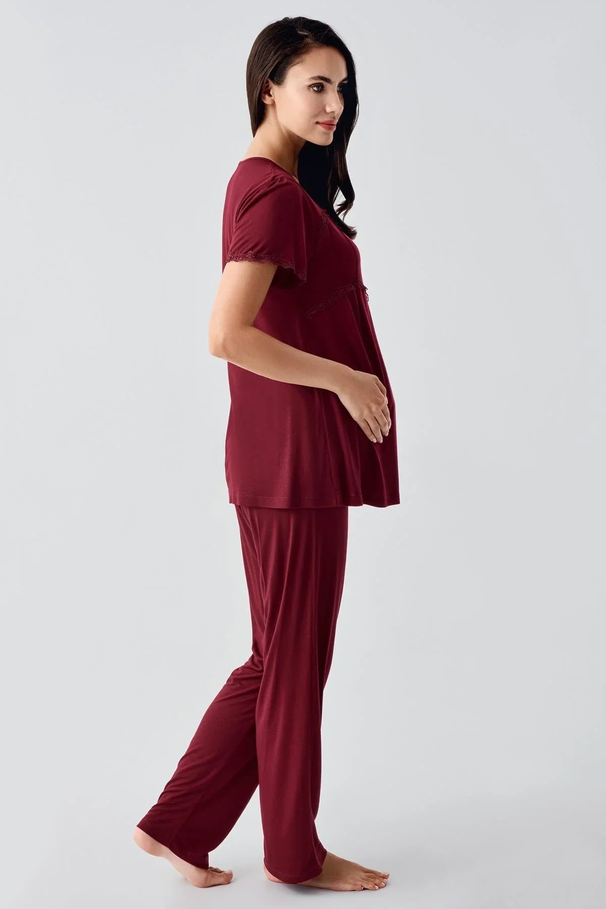Lace Collar 3-Piece Maternity-Nursing Pajama & Flywheel Arm Robe Set Claret Red - 23104