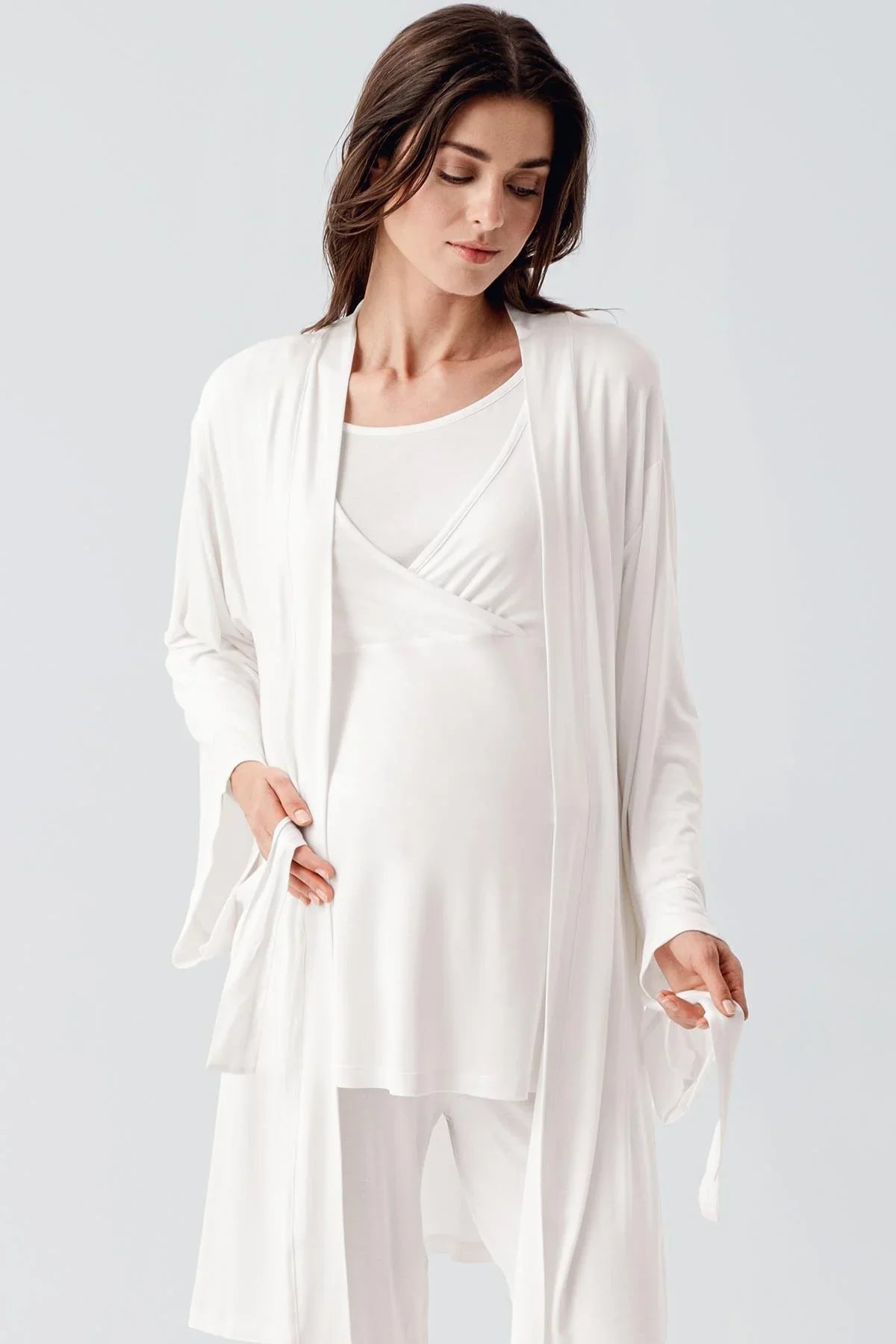 Melange Double Breasted 3-Piece Maternity-Nursing Pajama & Robe Set Ecru - 23105