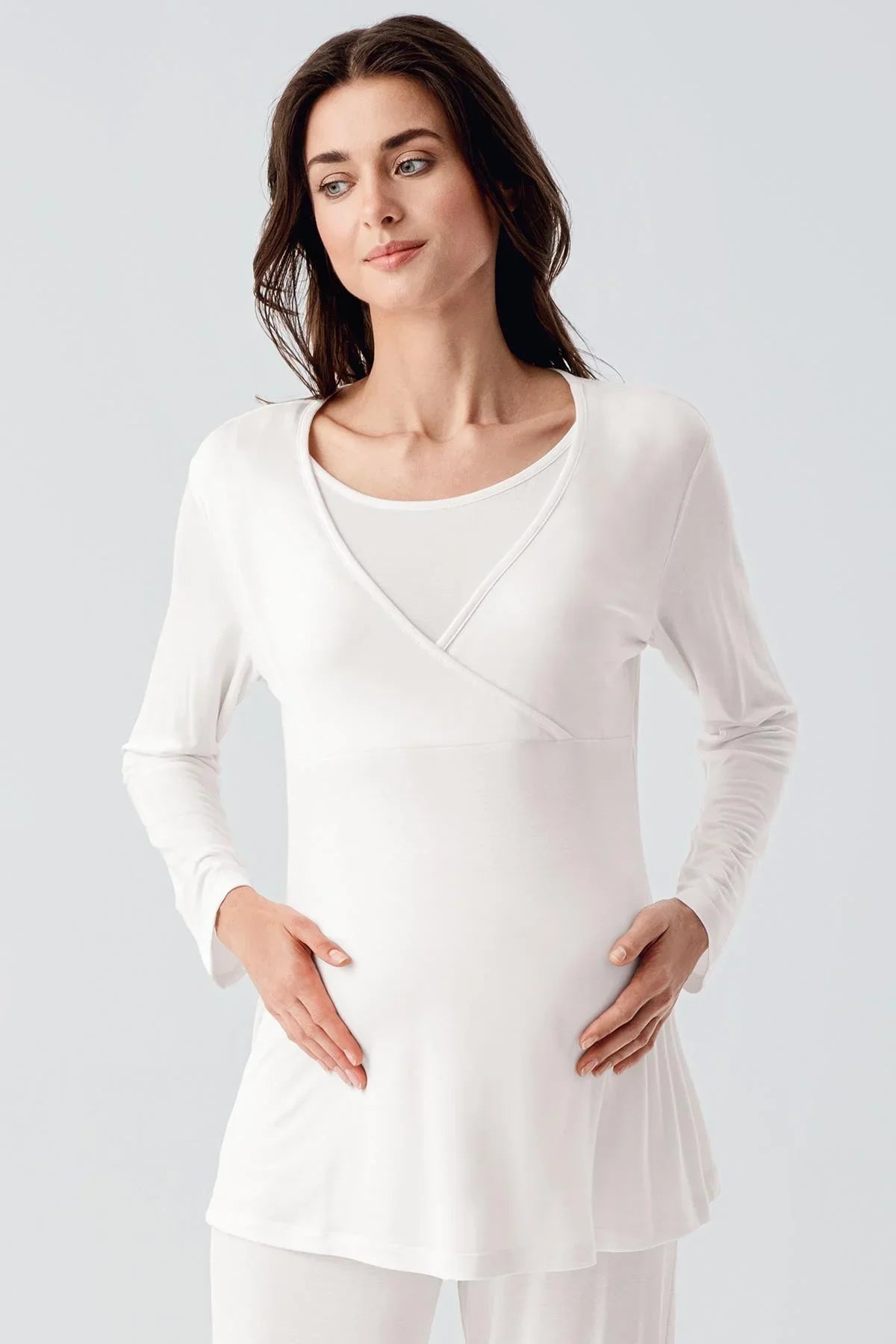 Melange Double Breasted 3-Piece Maternity-Nursing Pajama & Robe Set Ecru - 23105