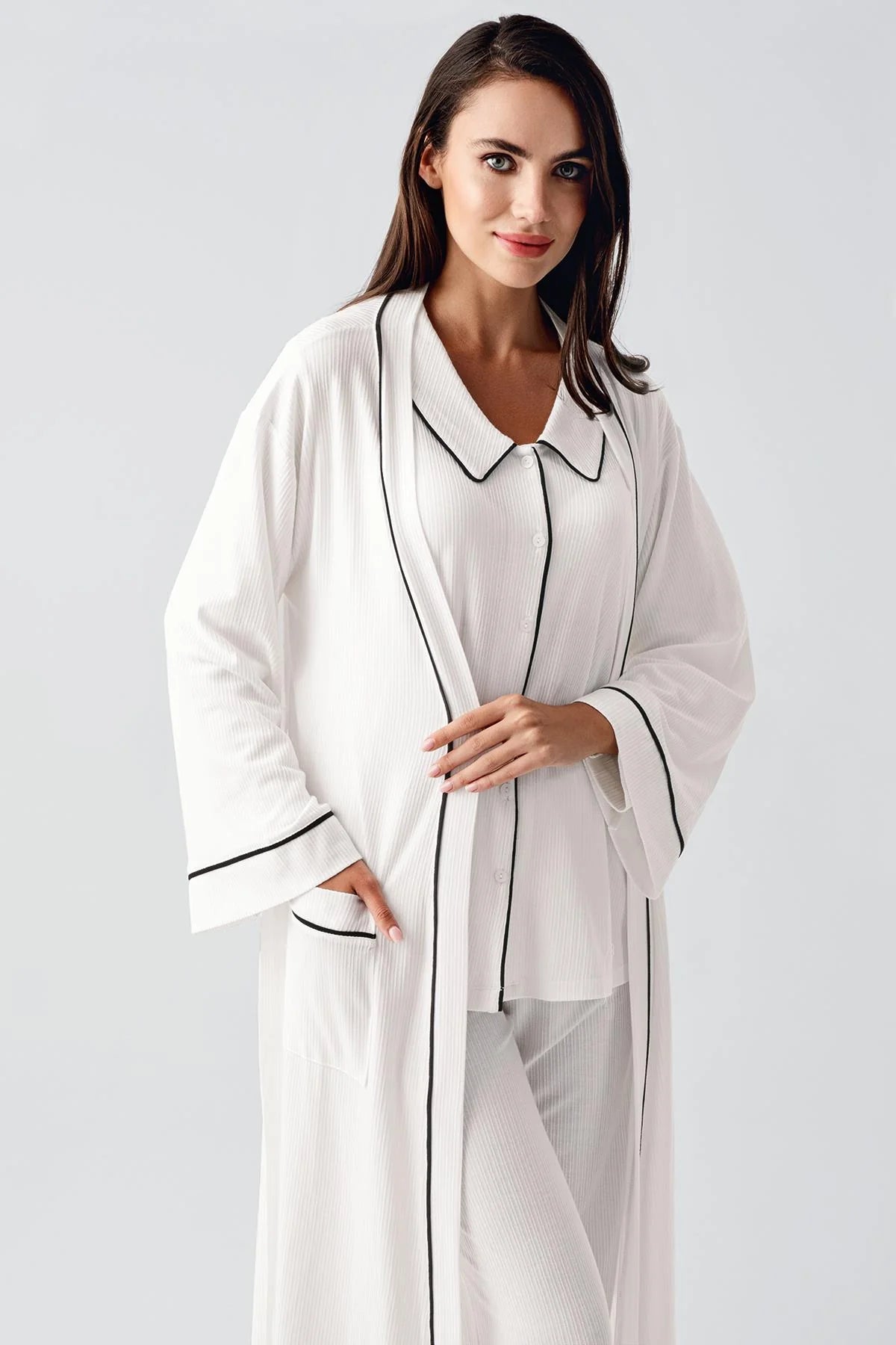 Baby Collar 3-Piece Maternity-Nursing Pajama & Robe Set Ecru - 23111