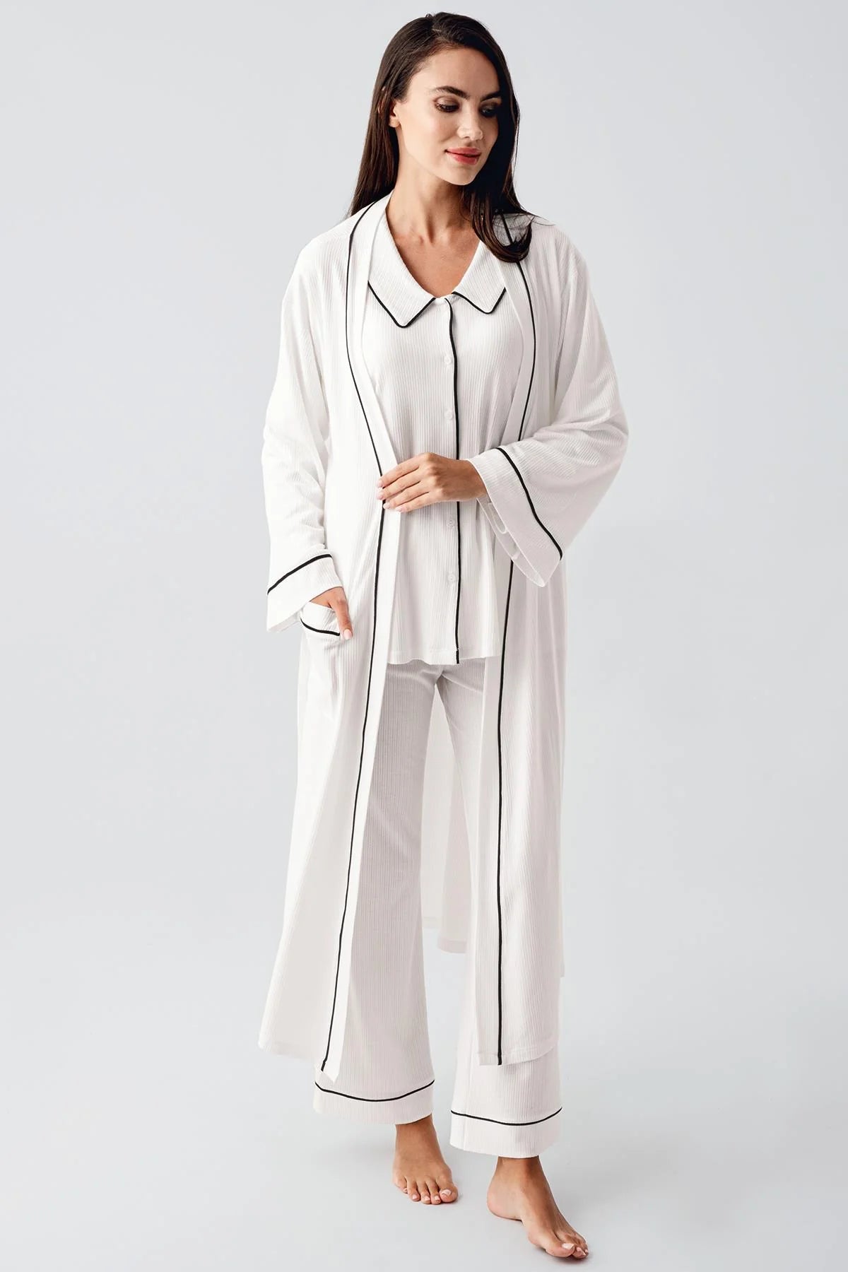 Baby Collar 3-Piece Maternity-Nursing Pajama & Robe Set Ecru - 23111