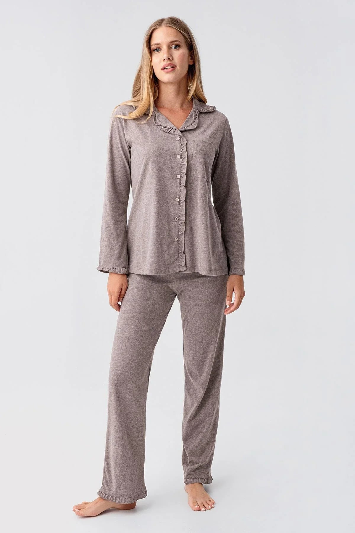 Cotton Melange 3-Piece Maternity-Nursing Pajama & Flywheel Arm Robe Set Coffee - 23112