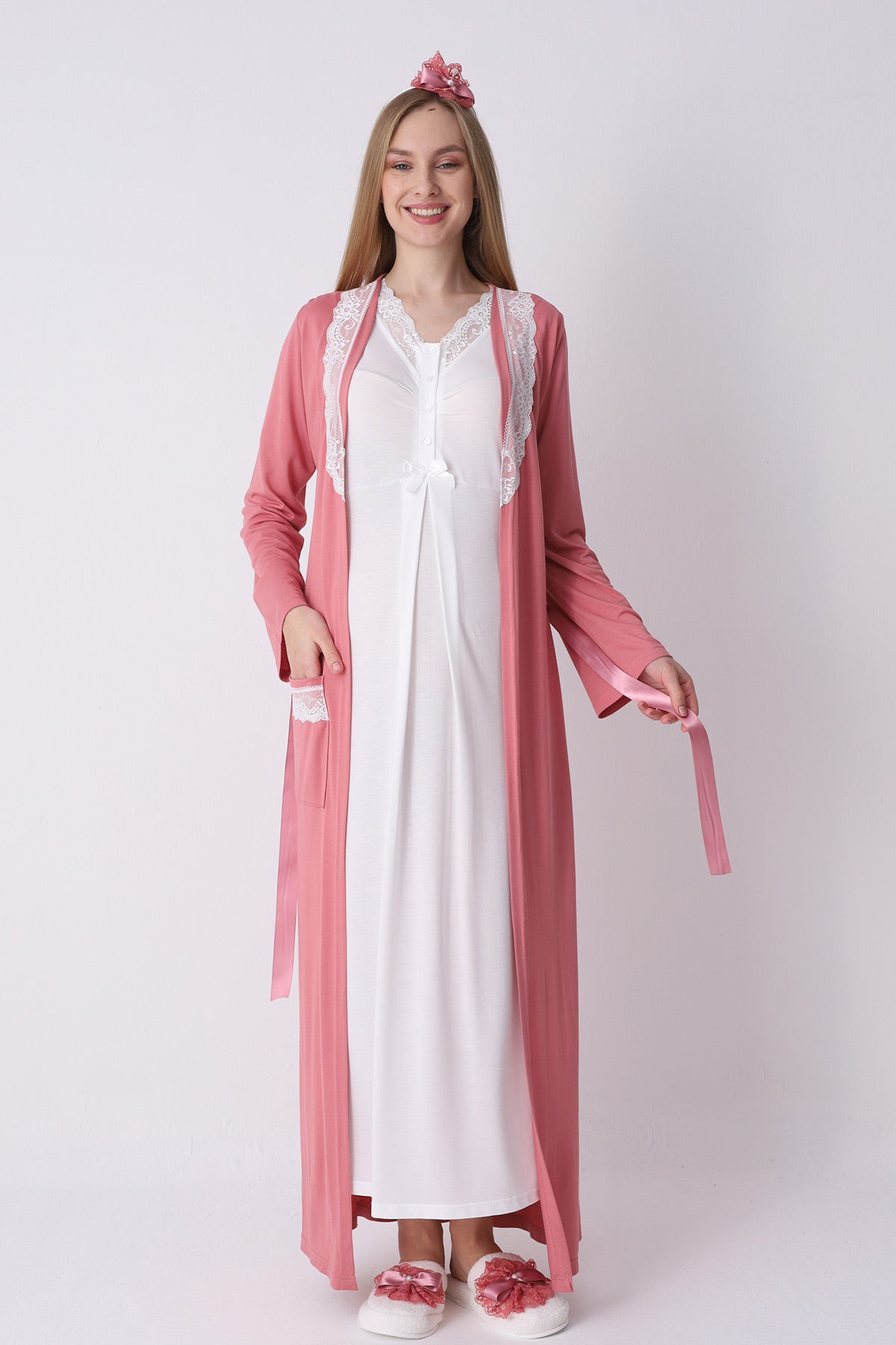 Lace Collar Maternity-Nursing Nightgown & Robe Set Pomegranate Red - 2316