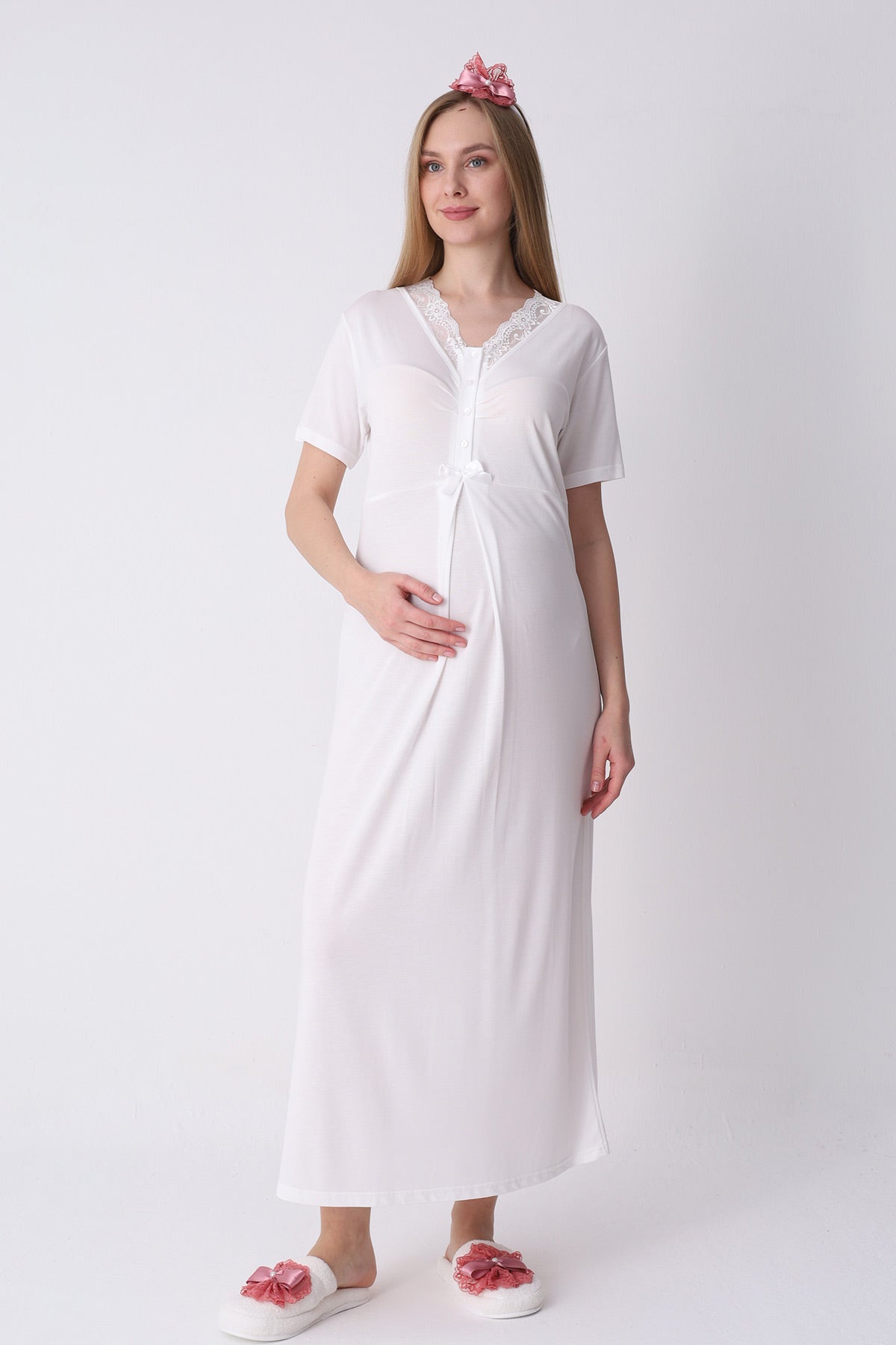 Lace Collar Maternity-Nursing Nightgown & Robe Set Pomegranate Red - 2316