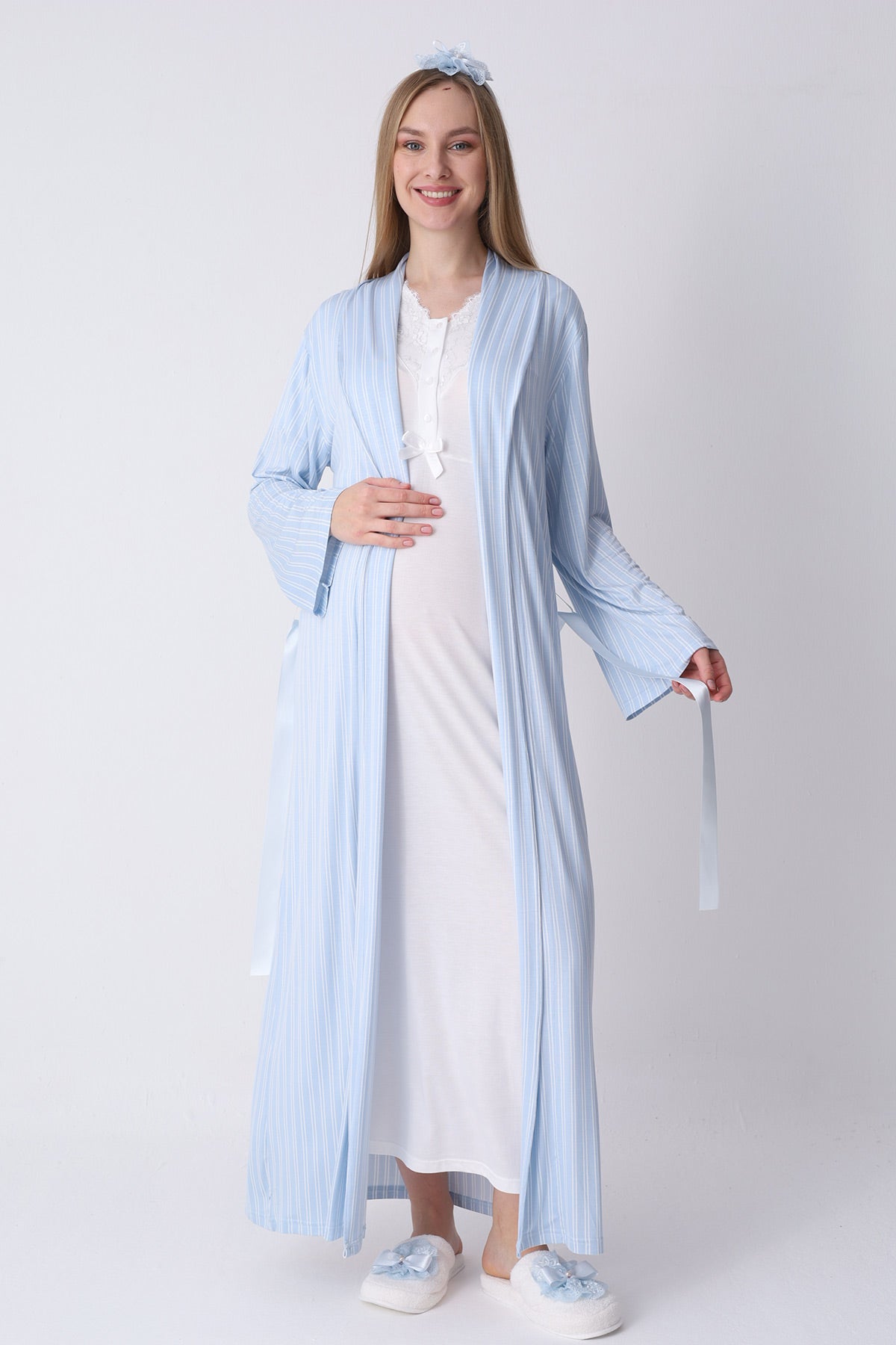 Lace Collar Maternity-Nursing Nightgown & Jacquard Robe Set Blue - 2317