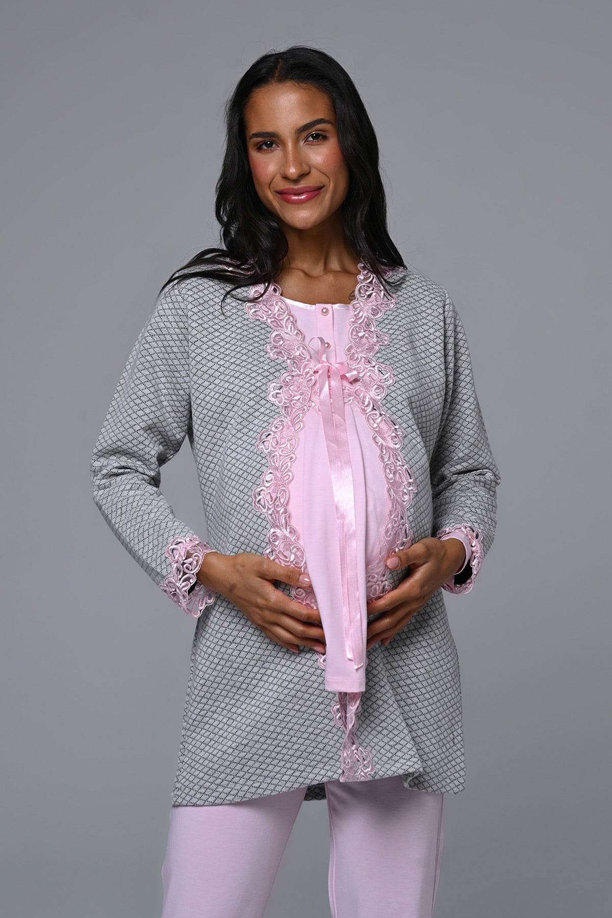 Flower Lace Detailed 3-Piece Maternity-Nursing Pajama & Robe Set - 23386
