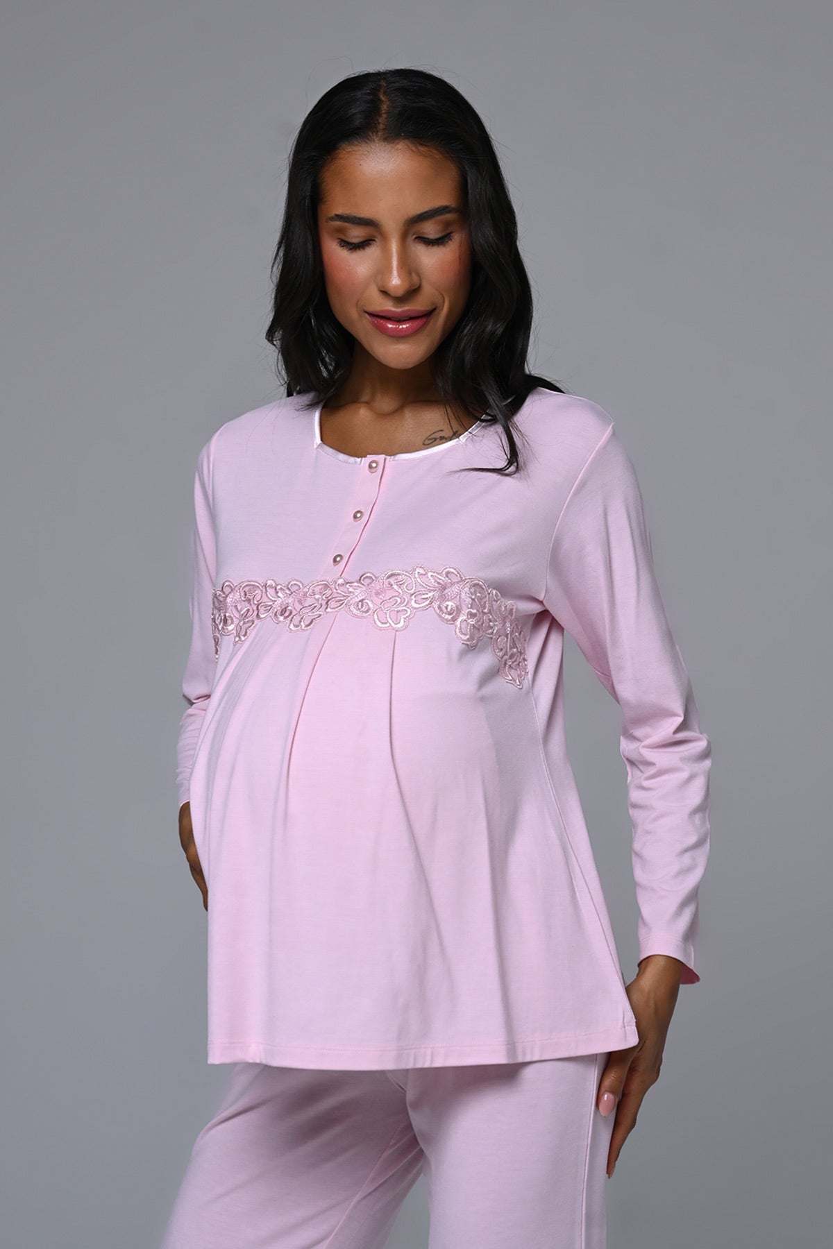 Flower Lace Detailed 3-Piece Maternity-Nursing Pajama & Robe Set - 23386
