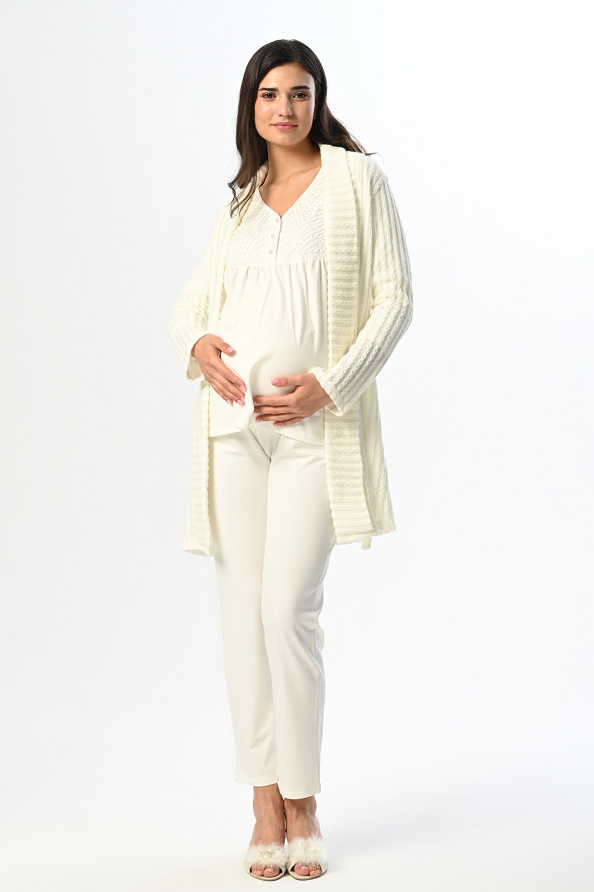 Guipure Collar 3-Piece Maternity-Nursing Pajama & Knitwear Robe Set - 23387