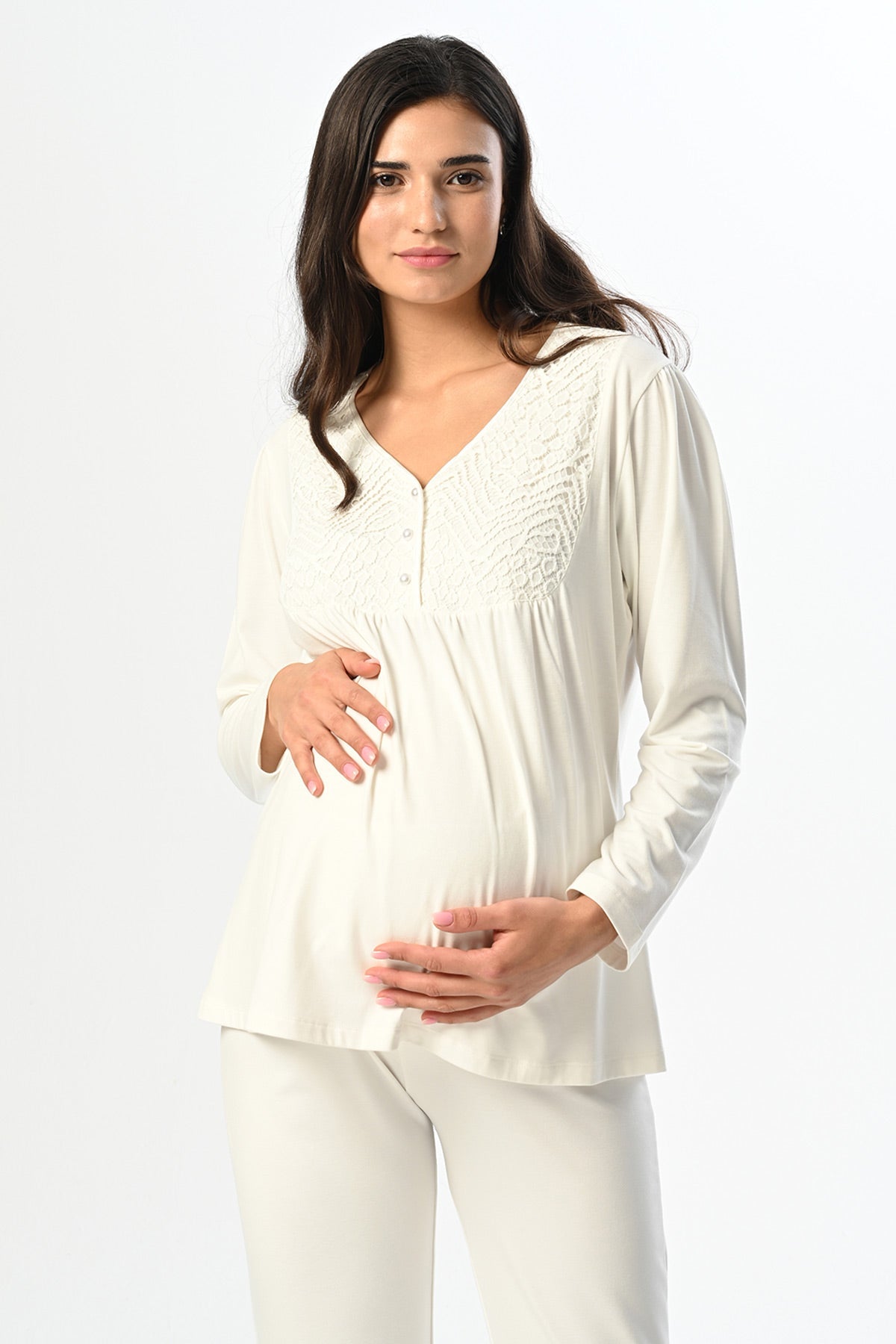 Guipure Collar 3-Piece Maternity-Nursing Pajama & Knitwear Robe Set - 23387