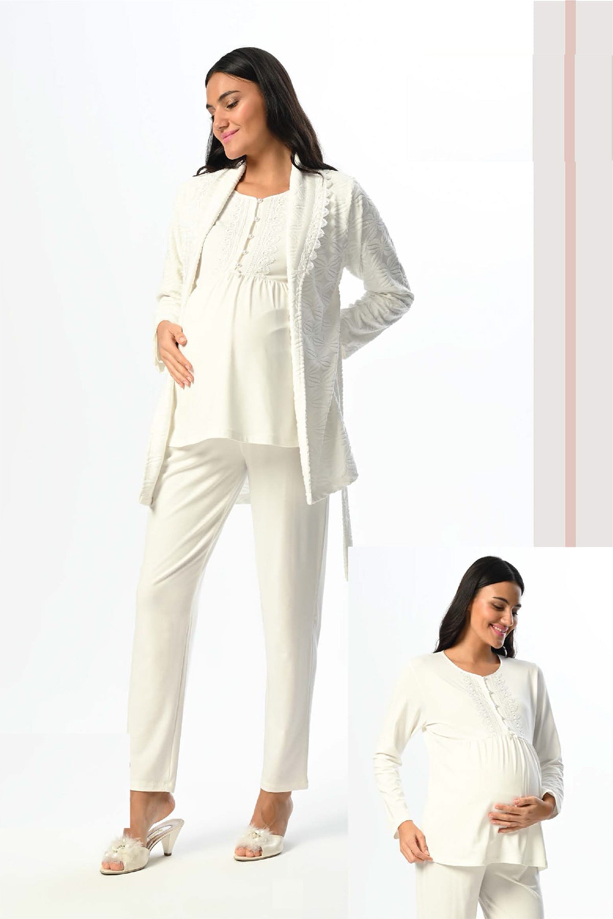 Guipure Collar 3-Piece Maternity-Nursing Pajama & Jacquard Robe Set - 23388