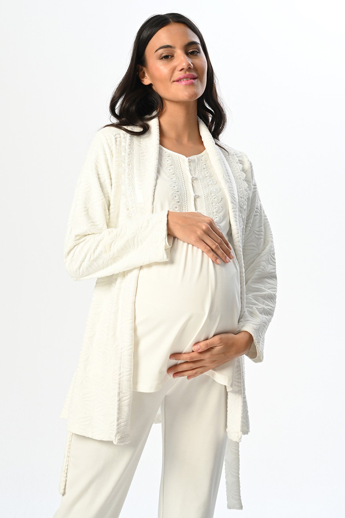 Guipure Collar 3-Piece Maternity-Nursing Pajama & Jacquard Robe Set - 23388