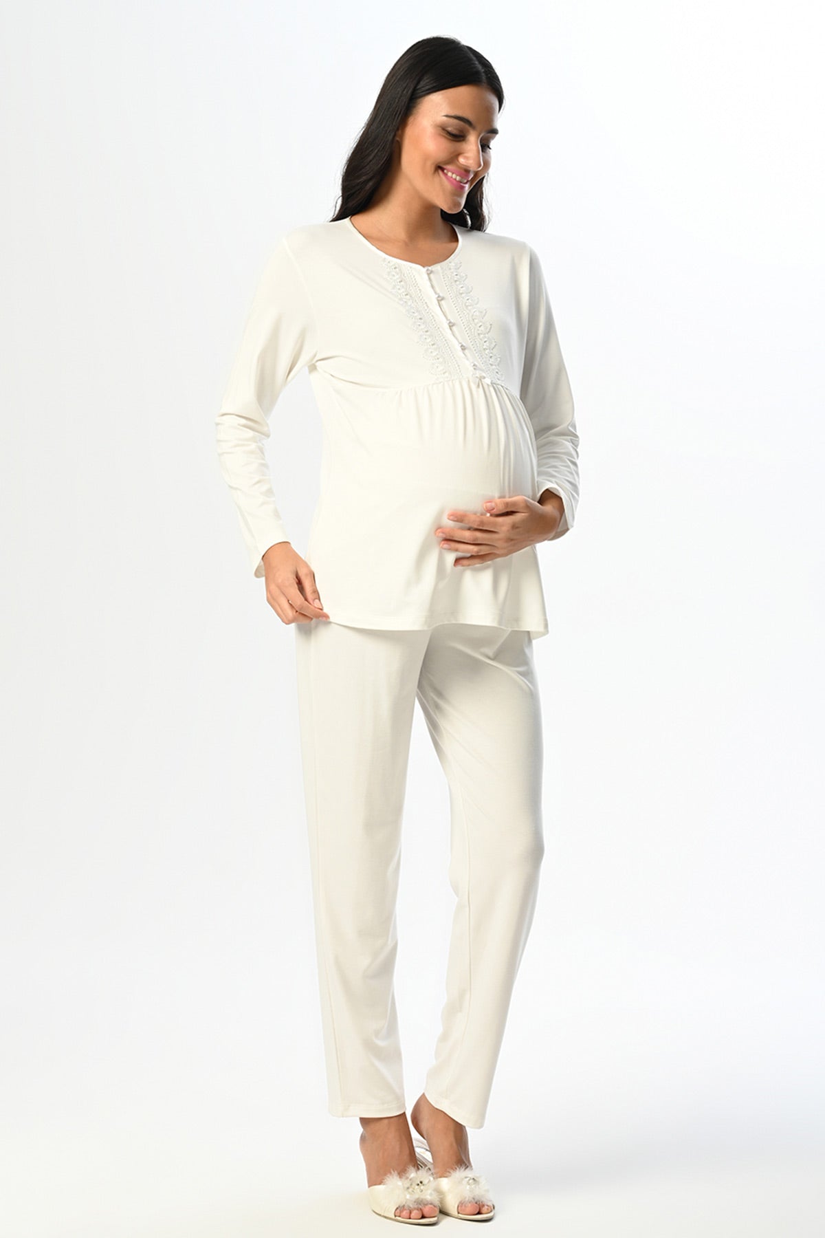 Guipure Collar 3-Piece Maternity-Nursing Pajama & Jacquard Robe Set - 23388