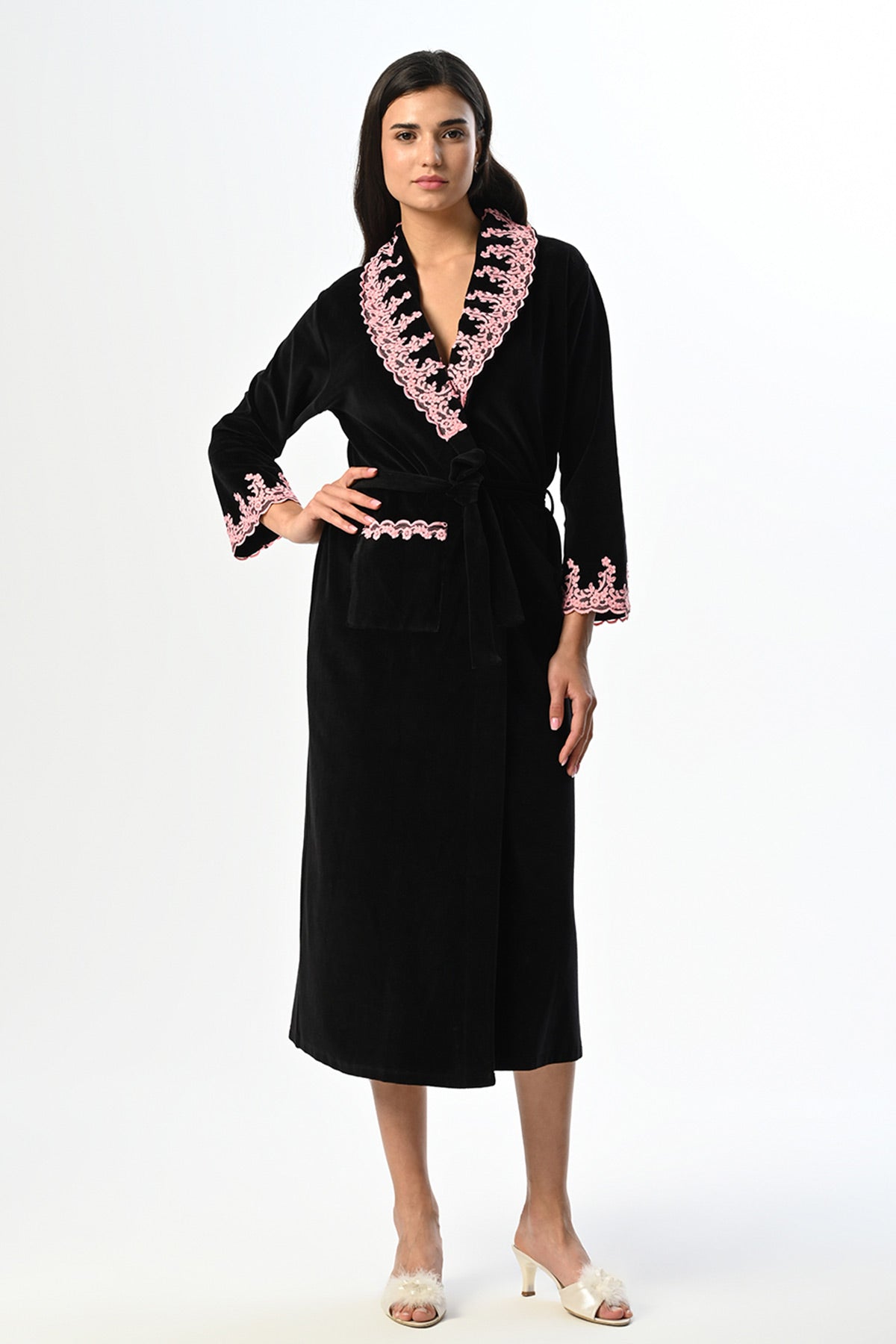 Embroidered Maternity Robe Black - 23808