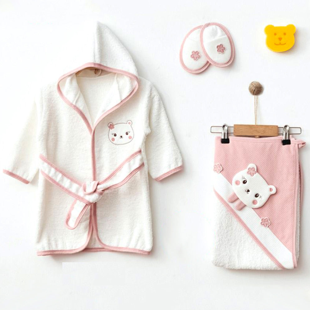 Bear Themed Baby Bathrobe Set Dried Rose (0-24 Months) - 239.5581