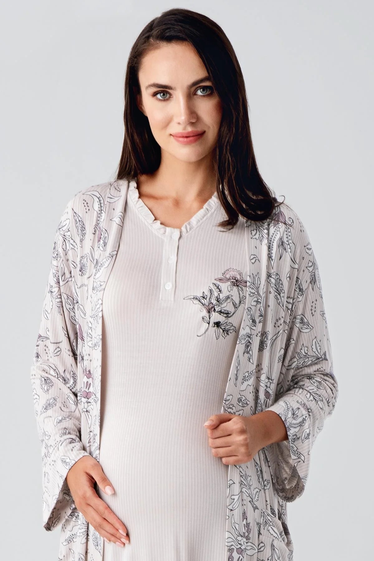 Lace Sleeve Maternity-Nursing Nightgown & Flowery Robe Set Powder - 24100