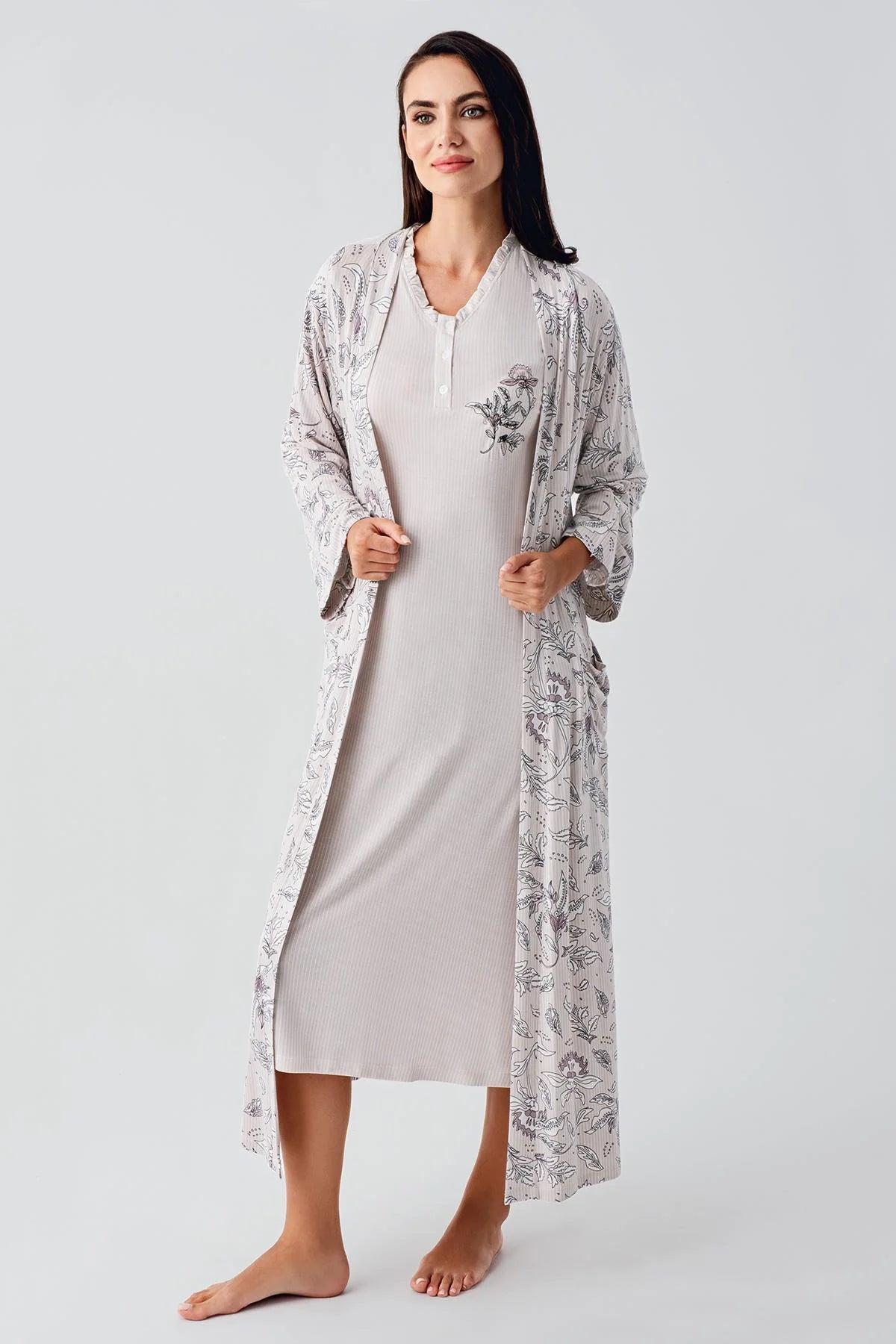 Lace Sleeve Maternity-Nursing Nightgown & Flowery Robe Set Powder - 24100