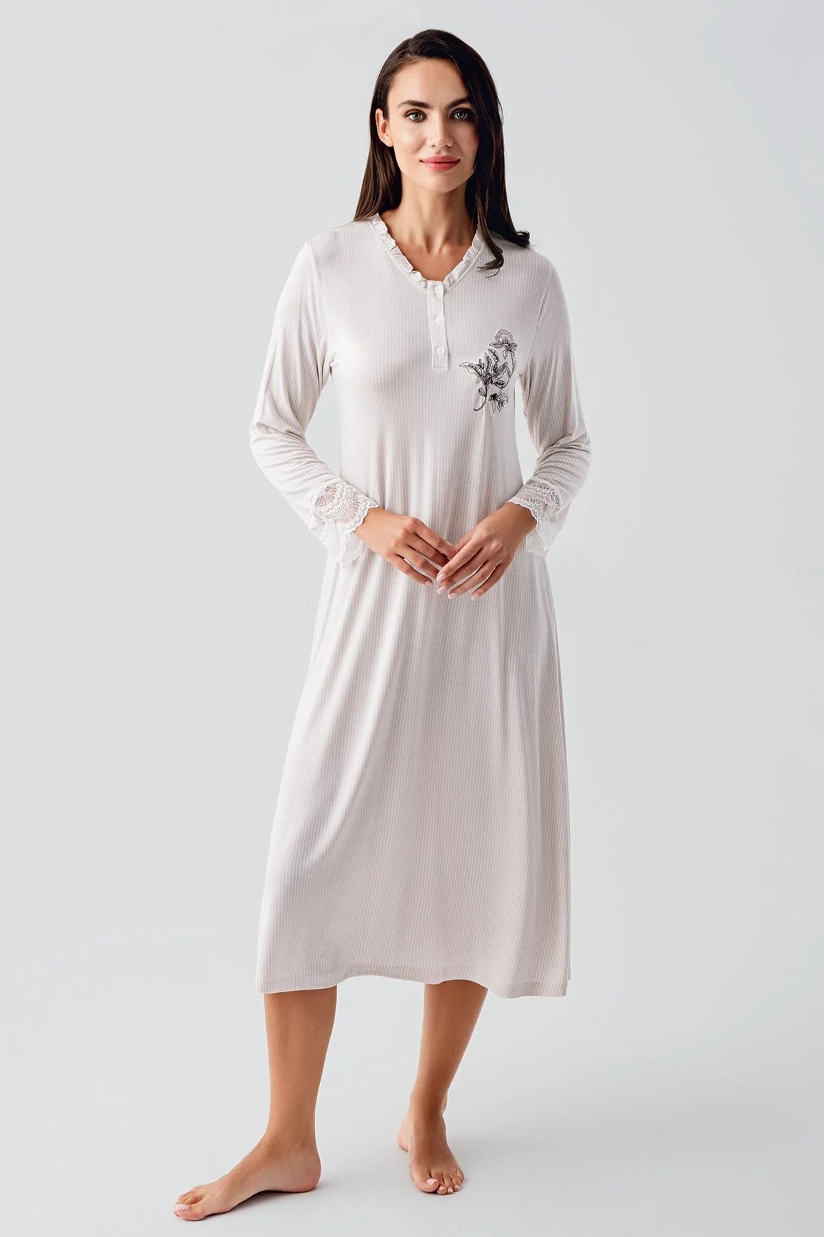 Lace Sleeve Maternity-Nursing Nightgown & Flowery Robe Set Powder - 24100