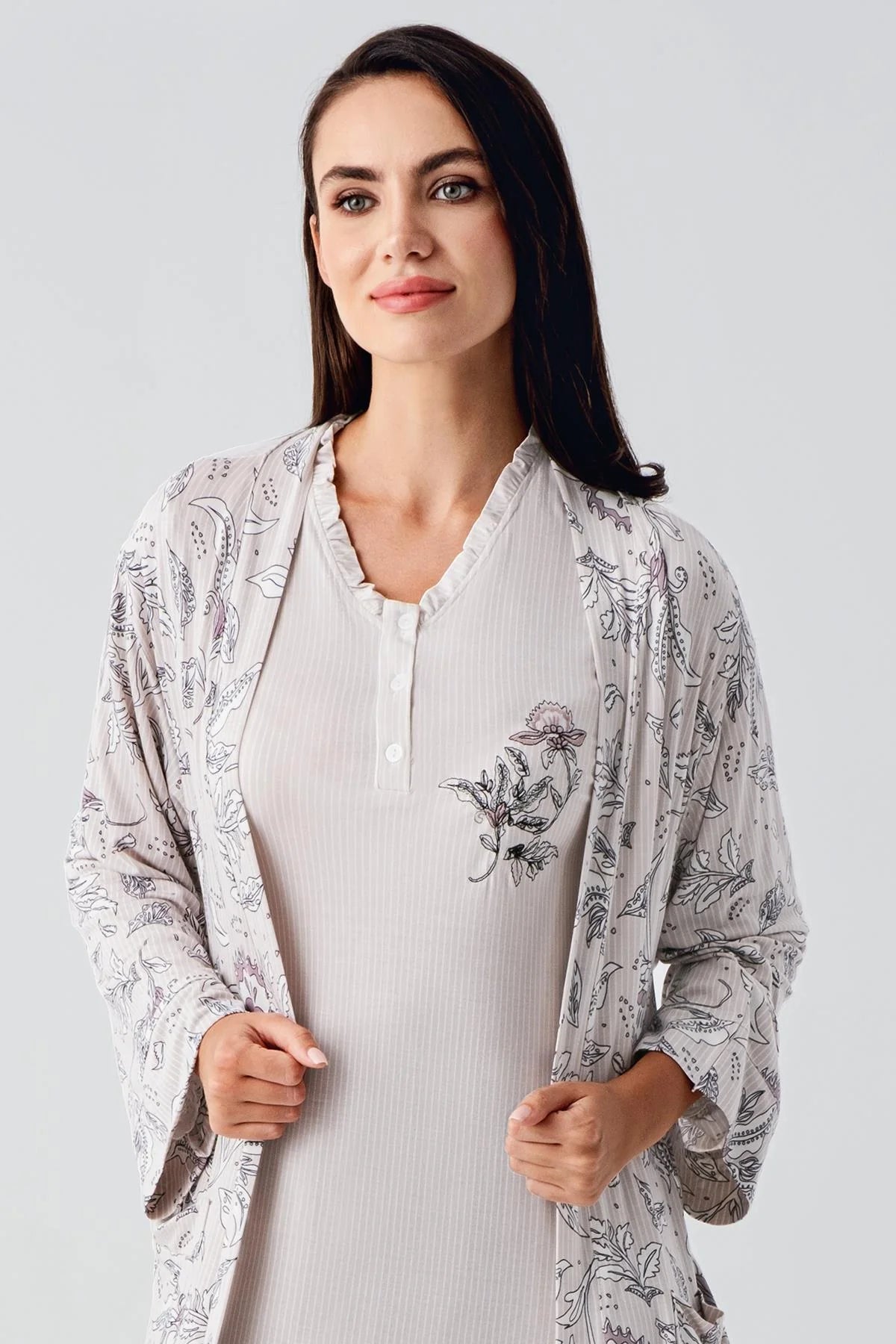 Lace Sleeve Maternity-Nursing Nightgown & Flowery Robe Set Powder - 24100