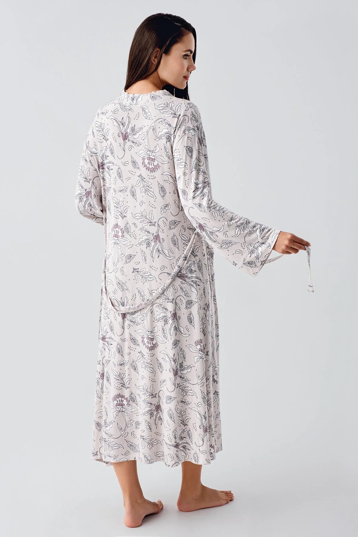 Lace Sleeve Maternity-Nursing Nightgown & Flowery Robe Set Powder - 24100