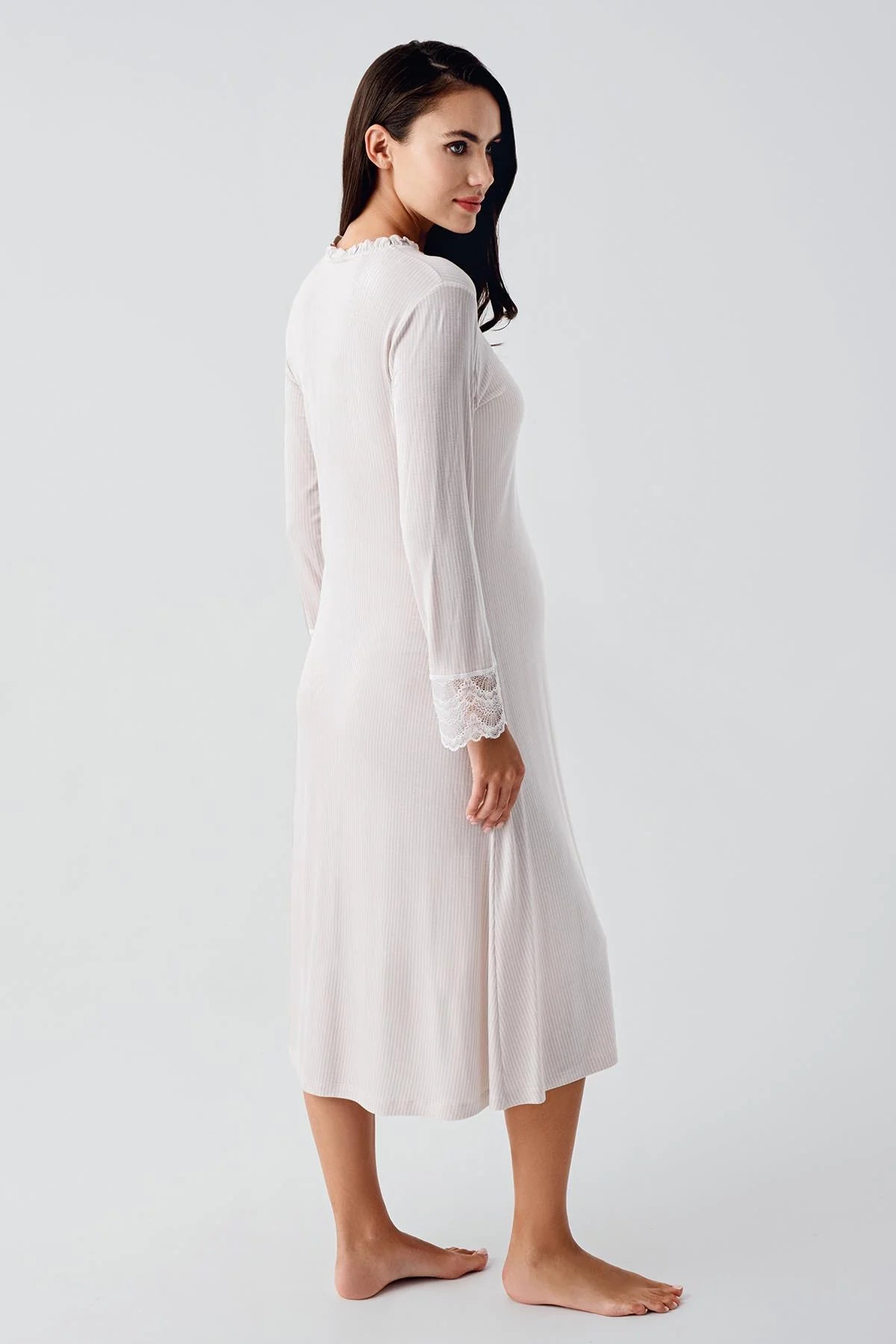 Lace Sleeve Maternity-Nursing Nightgown & Flowery Robe Set Powder - 24100