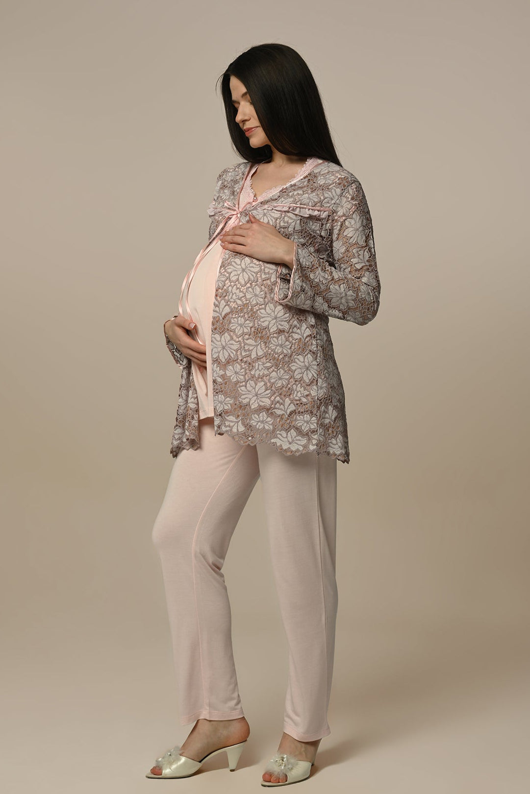 Flowery Lace 3-Piece Maternity-Nursing Pajama & Robe Set Powder - 24311