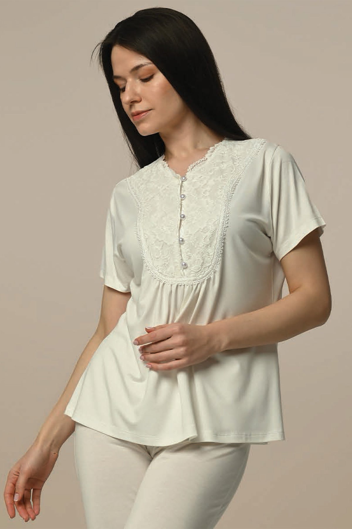 Guipure Collar 3-Piece Maternity-Nursing Pajama & Robe Set - 24316