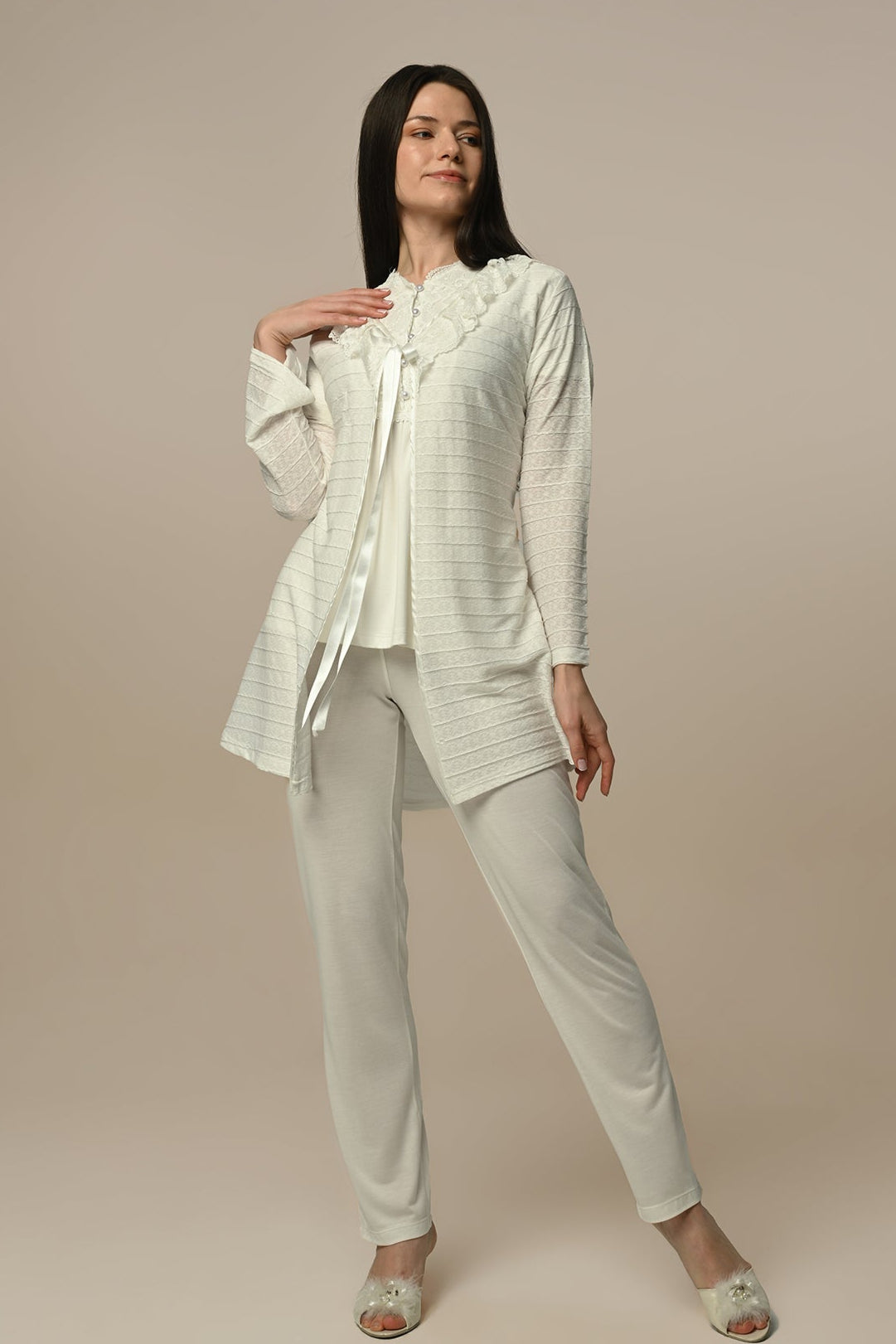 Guipure Collar 3-Piece Maternity-Nursing Pajama & Robe Set - 24316