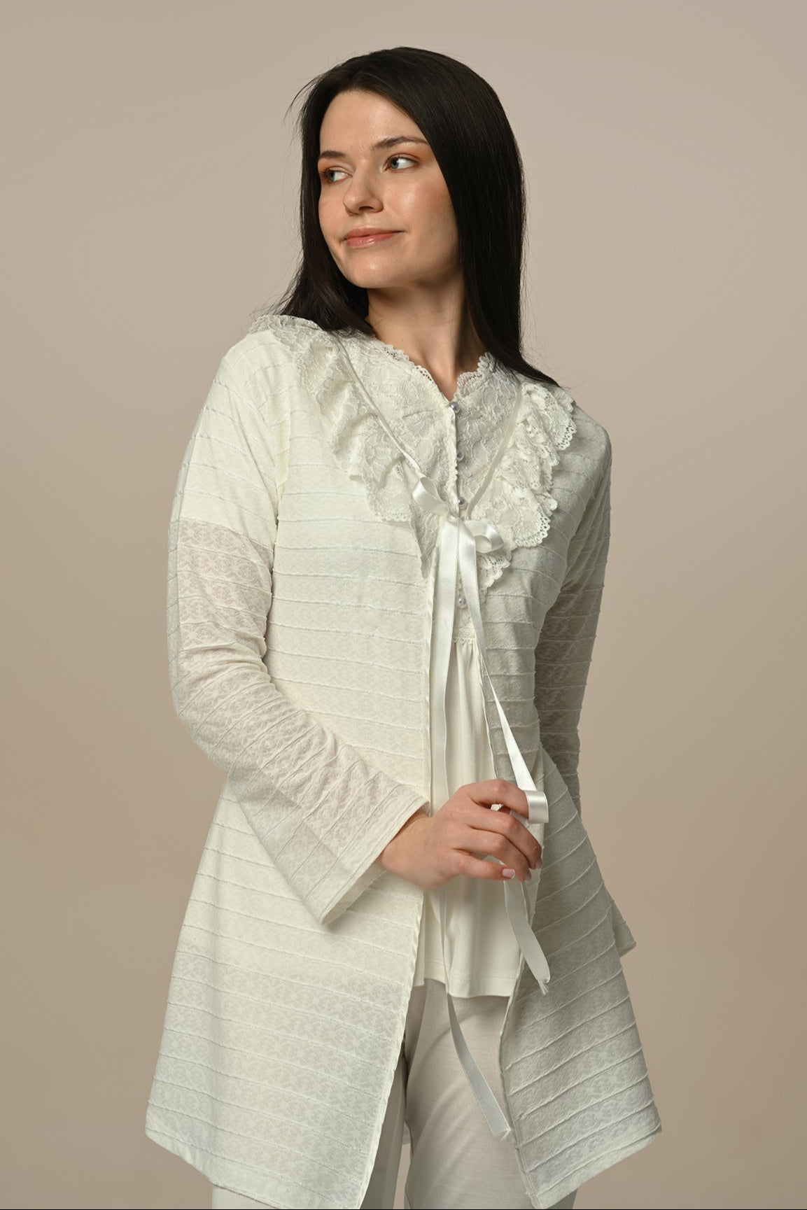 Guipure Collar 3-Piece Maternity-Nursing Pajama & Robe Set - 24316
