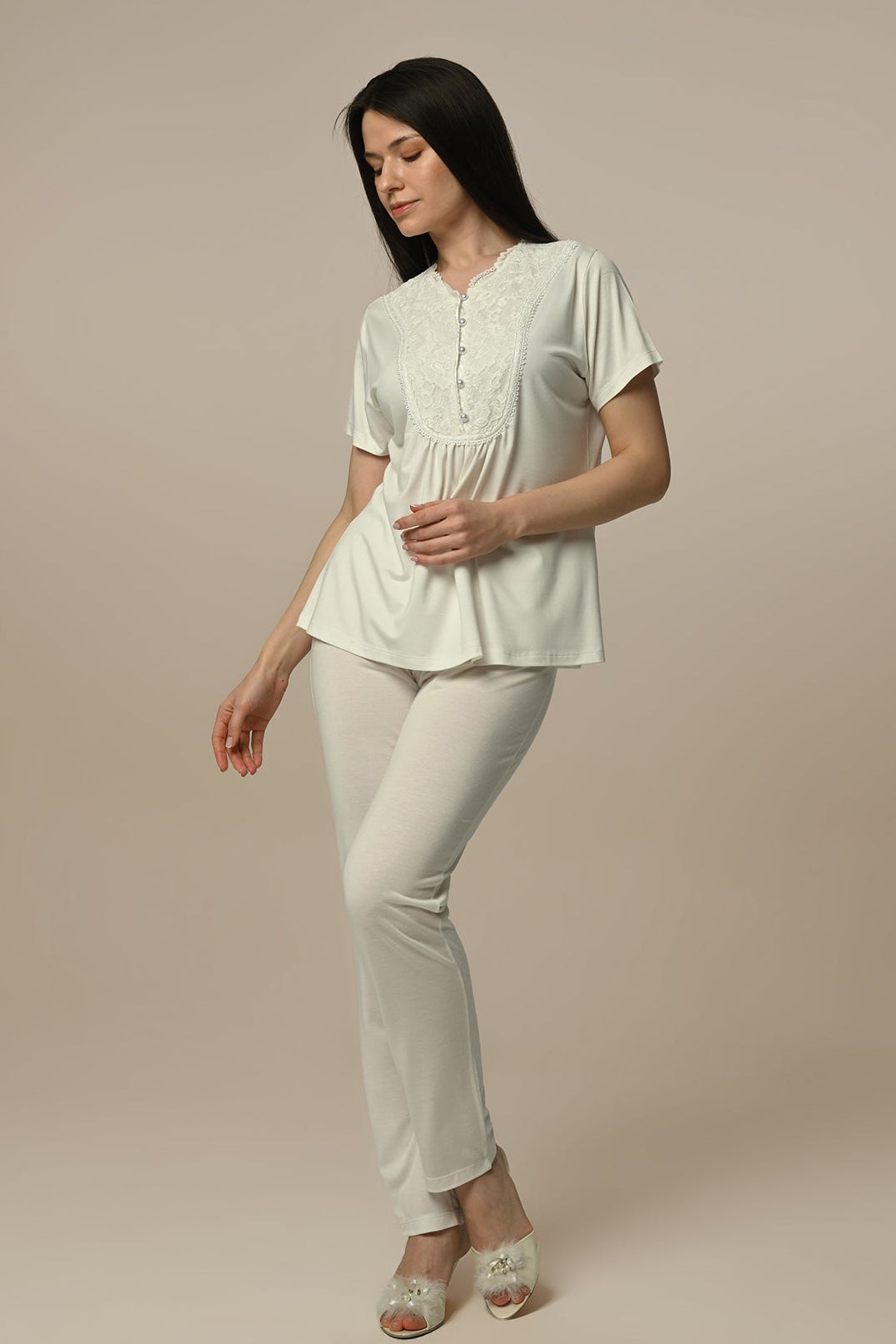 Guipure Collar 3-Piece Maternity-Nursing Pajama & Robe Set - 24316