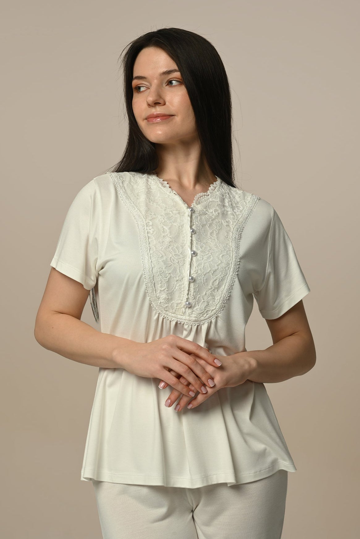 Guipure Collar 3-Piece Maternity-Nursing Pajama & Robe Set - 24316