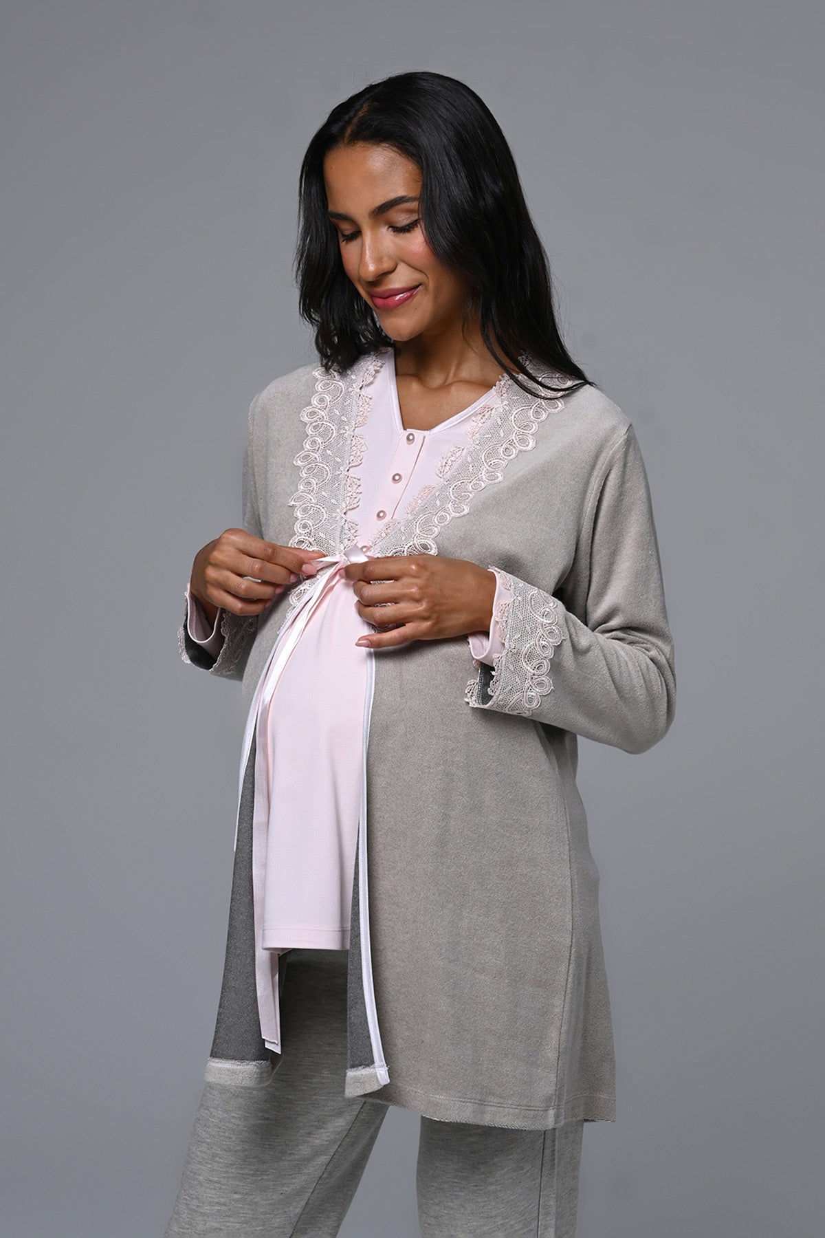 Lacy 3-Piece Maternity-Nursing Pajama & Melange Robe Set Pink - 24336