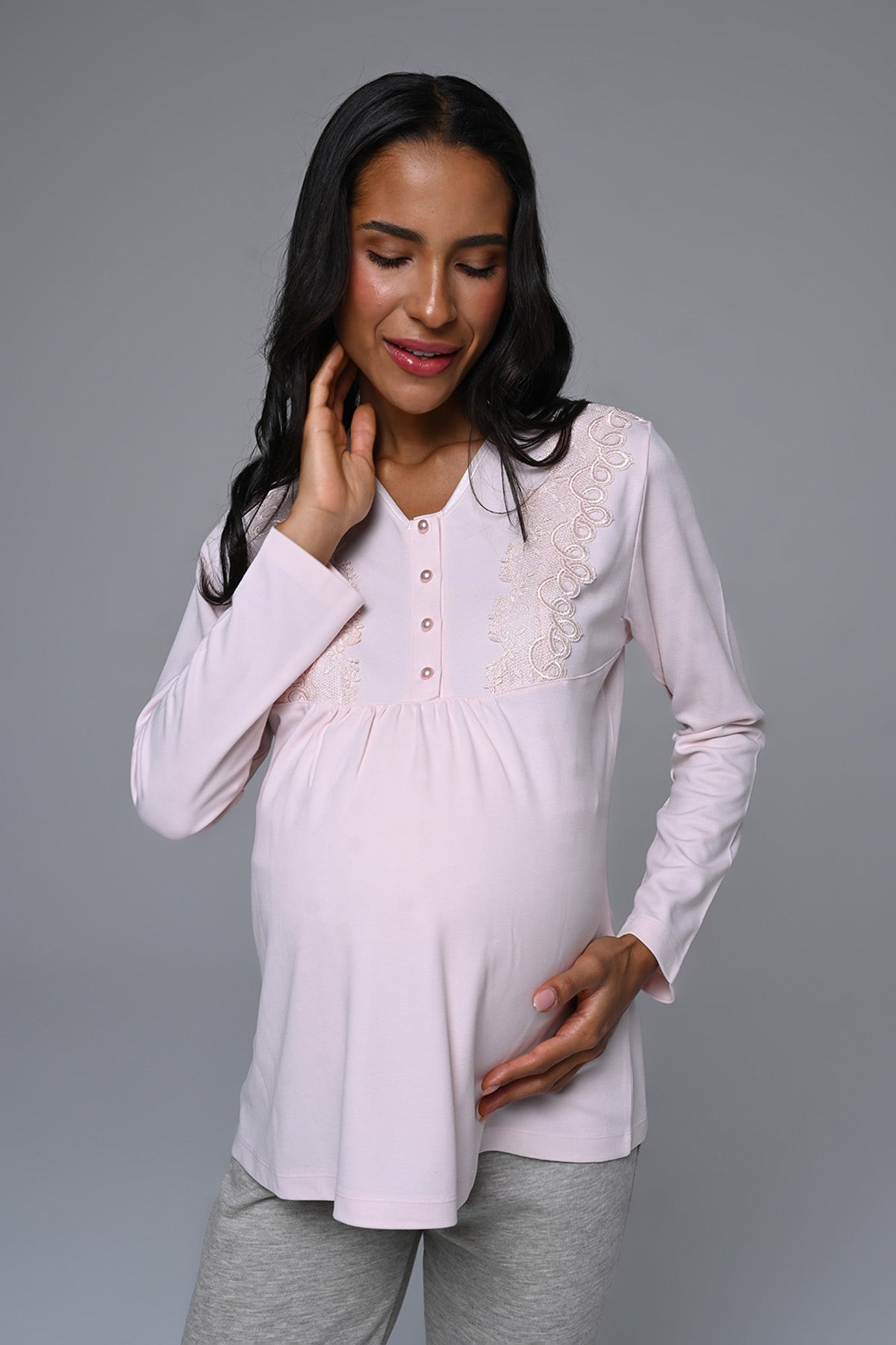 Lacy 3-Piece Maternity-Nursing Pajama & Melange Robe Set Pink - 24336