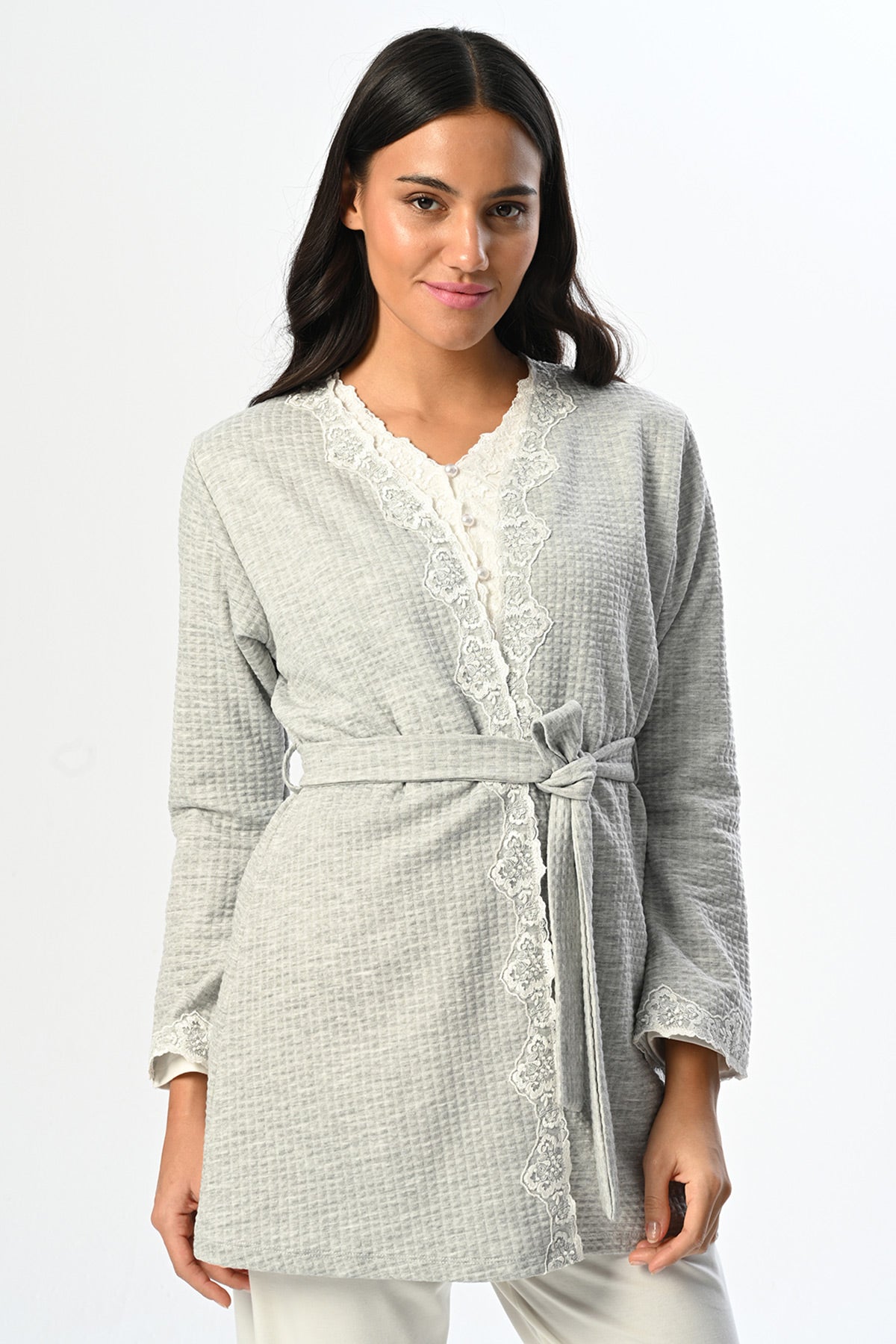Flower Lace Edge 3-Piece Maternity-Nursing Pajama & Robe Set - 24337