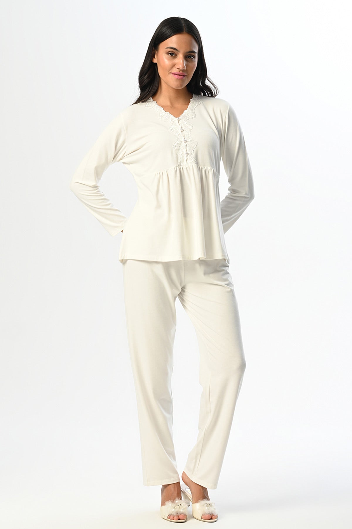 Flower Lace Edge 3-Piece Maternity-Nursing Pajama & Robe Set - 24337