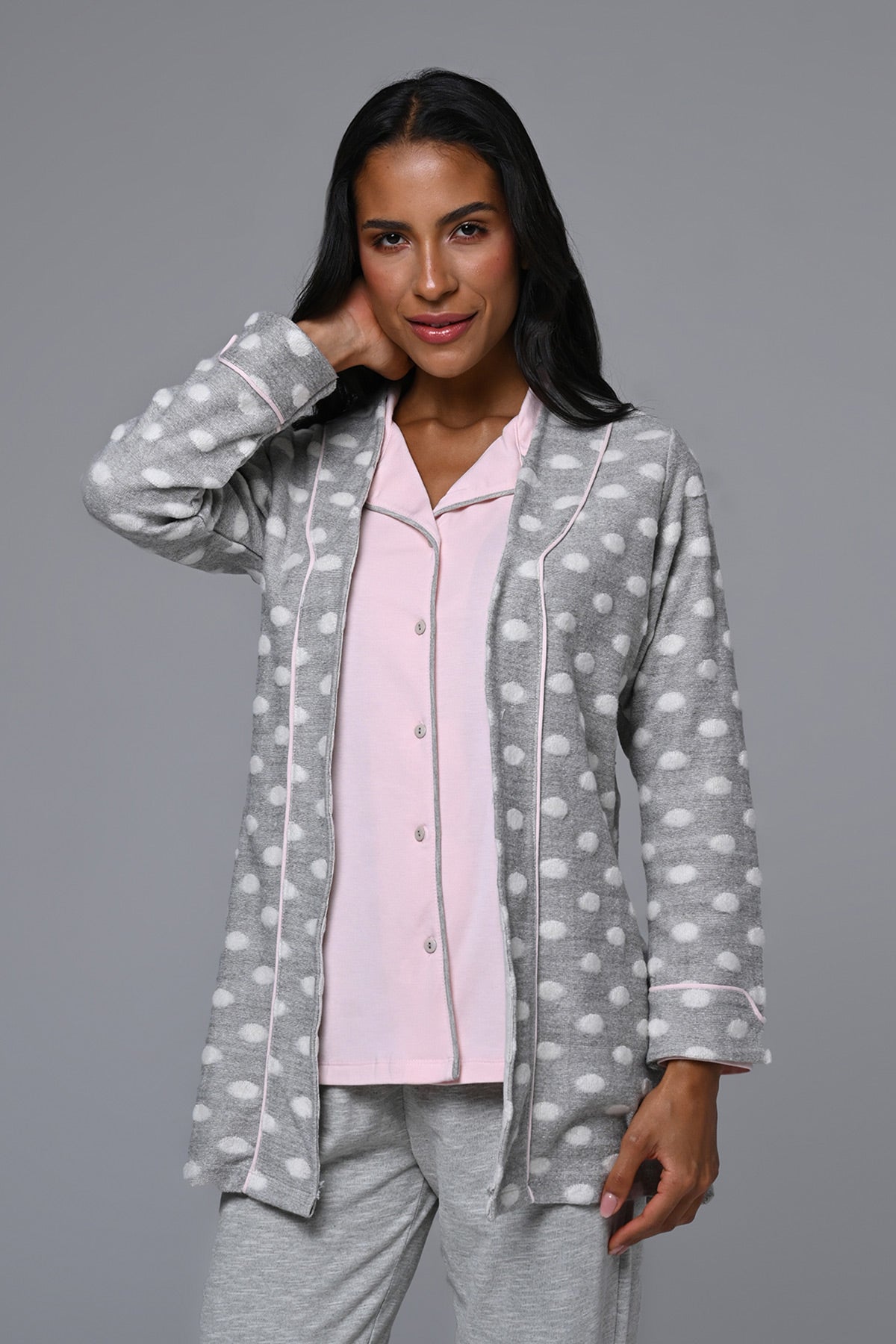 Shirt Collar 3-Piece Maternity-Nursing Pajama & Polka-Dot Robe Set - 24341