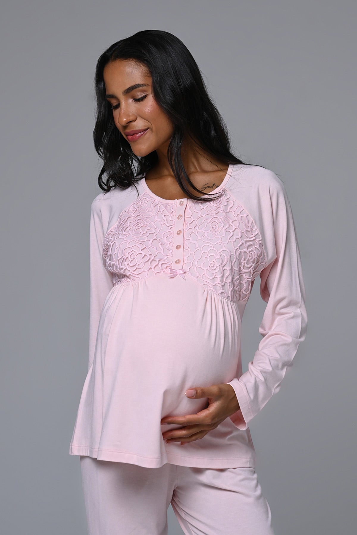 Guipure Collar 3-Piece Maternity-Nursing Pajama & Robe Set Pink - 24342