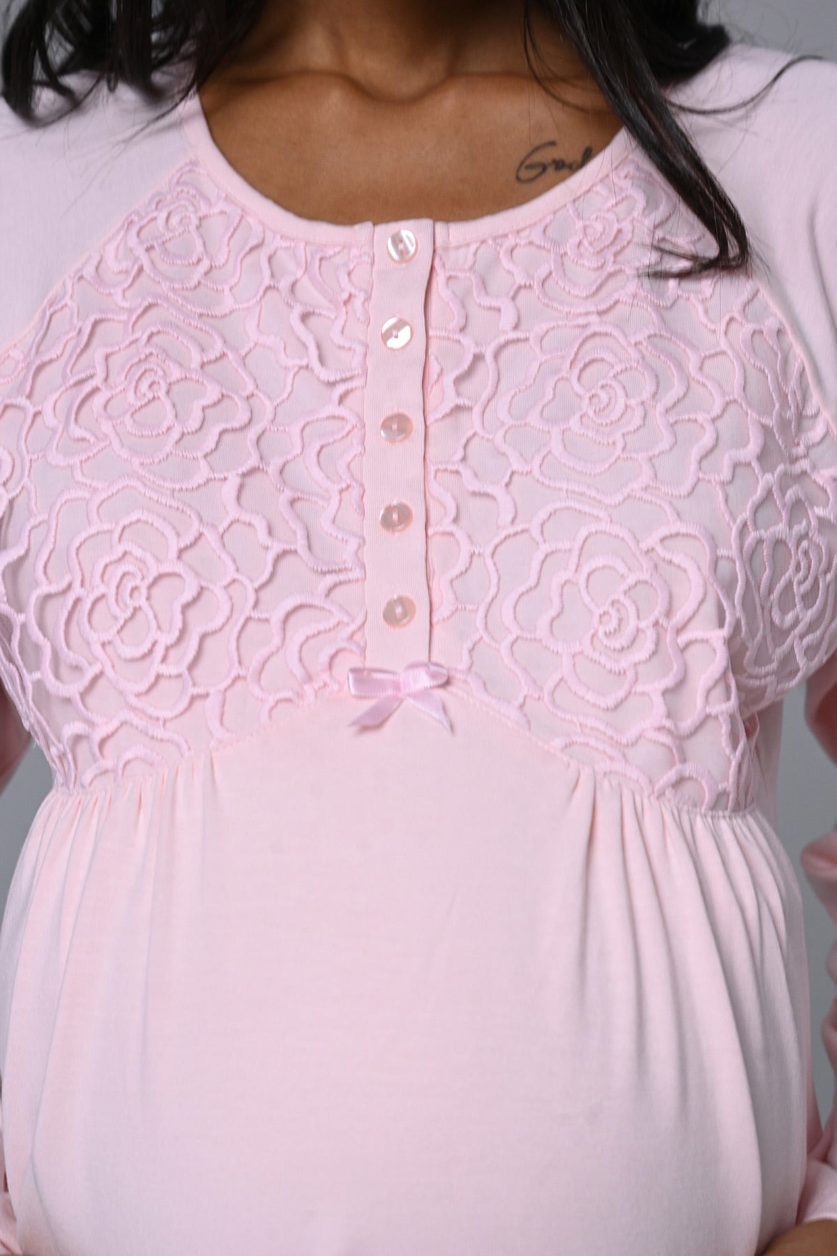 Guipure Collar 3-Piece Maternity-Nursing Pajama & Robe Set Pink - 24342