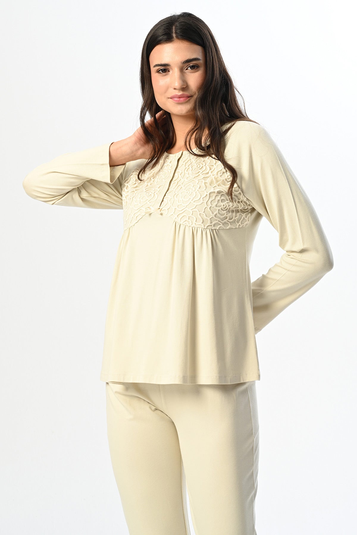 Guipure Collar 3-Piece Maternity-Nursing Pajama & Robe Set - 24342