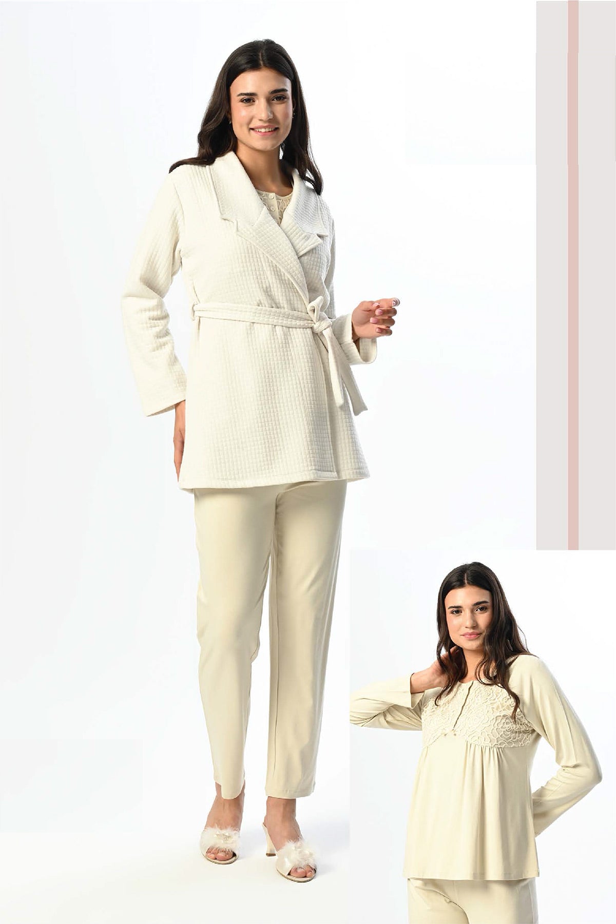 Guipure Collar 3-Piece Maternity-Nursing Pajama & Robe Set - 24342