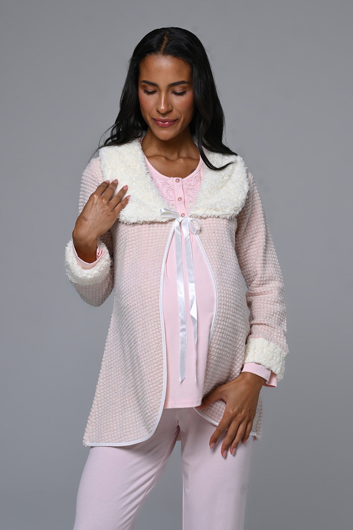Guipure Collar 3-Piece Maternity-Nursing Pajama & Fur Collar Robe Set Pink - 24347