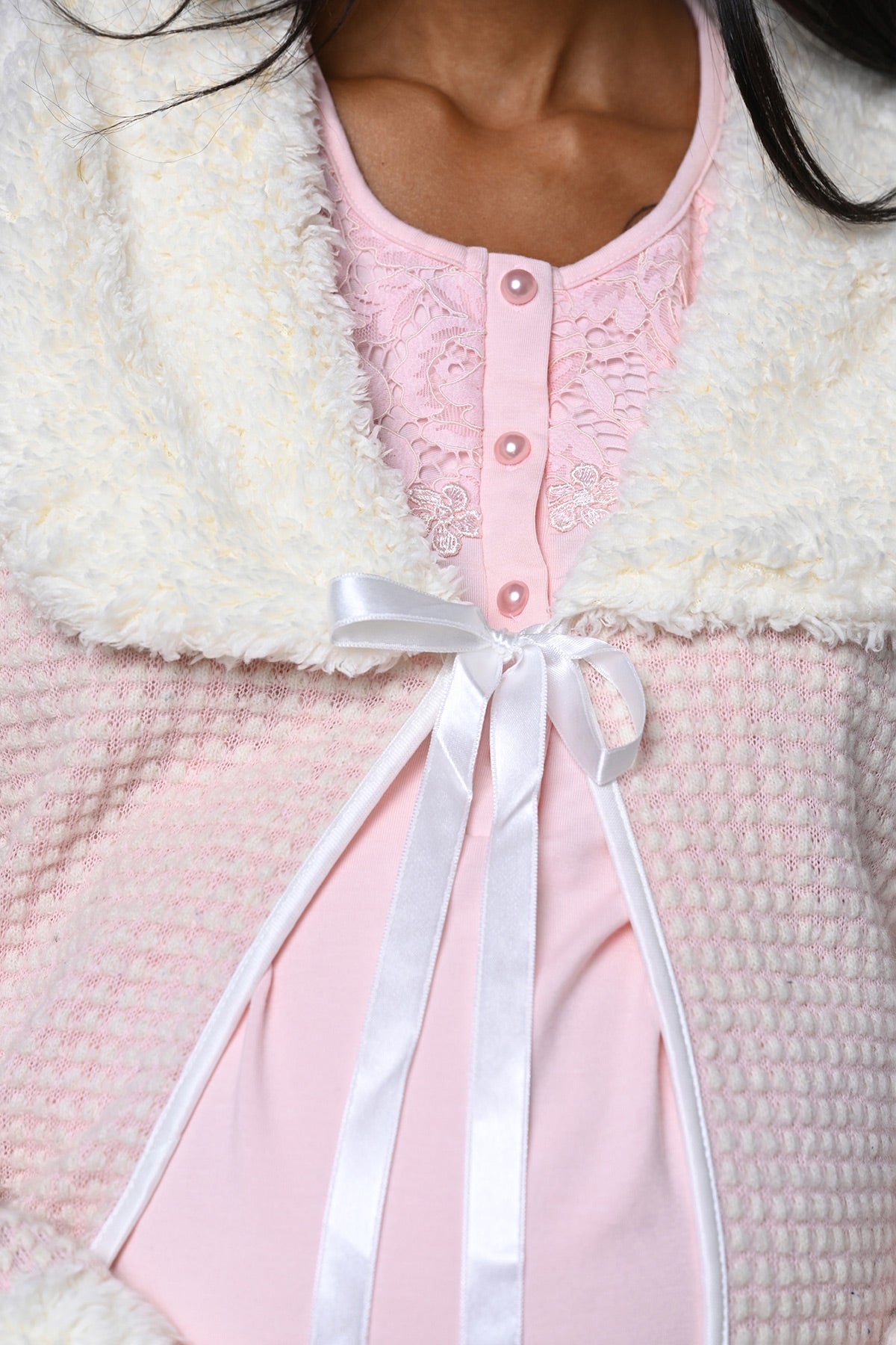 Guipure Collar 3-Piece Maternity-Nursing Pajama & Fur Collar Robe Set Pink - 24347