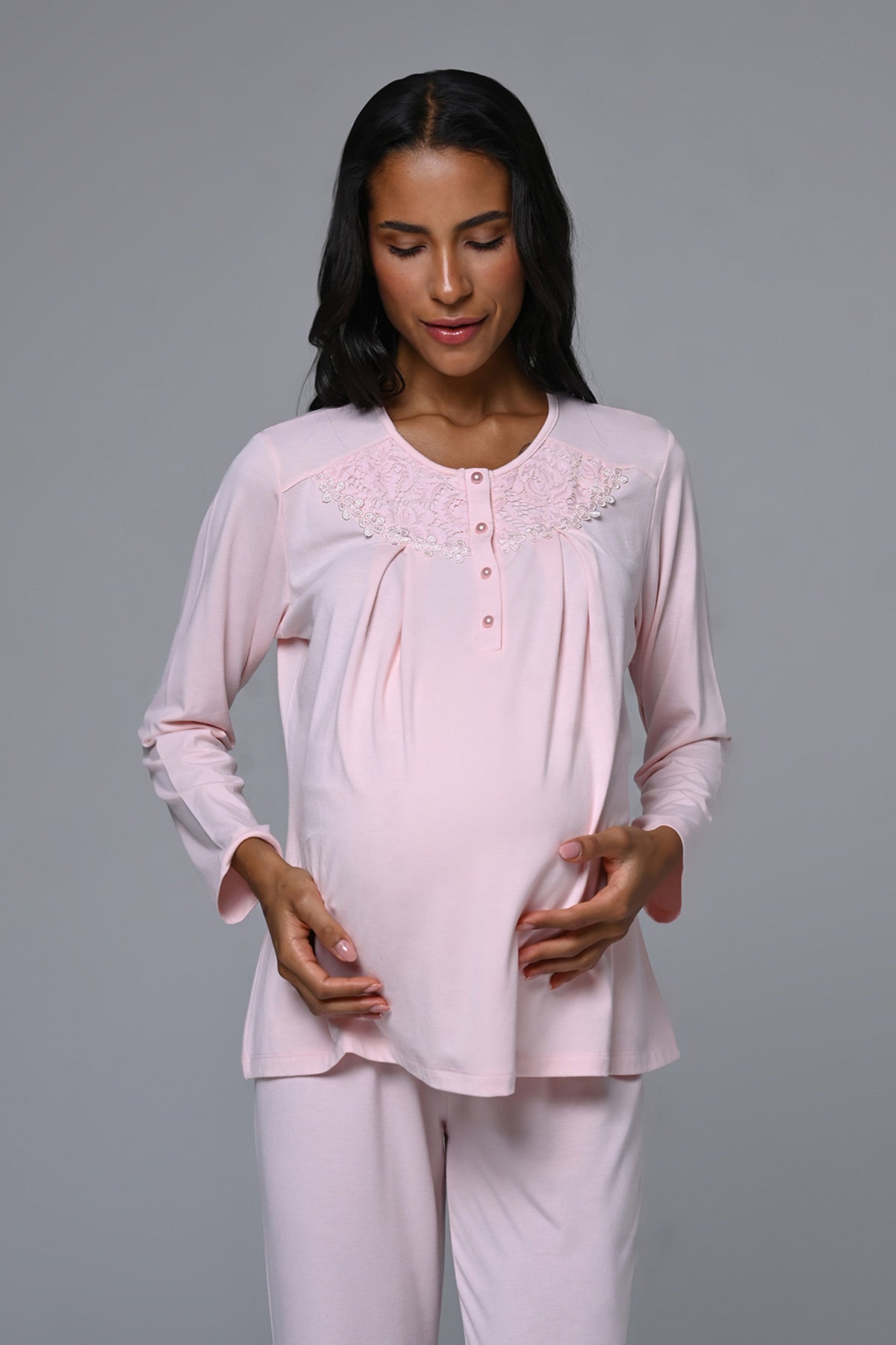 Guipure Collar 3-Piece Maternity-Nursing Pajama & Fur Collar Robe Set Pink - 24347