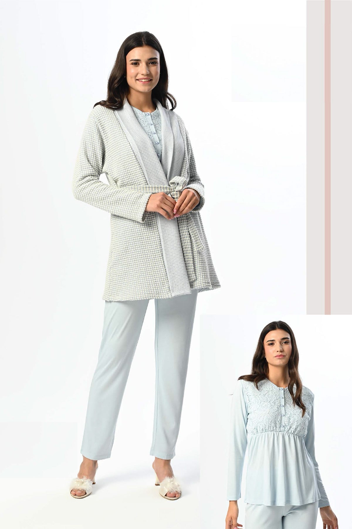 Lace Collar 3-Piece Maternity-Nursing Pajama & Knitwear Robe Set - 24348