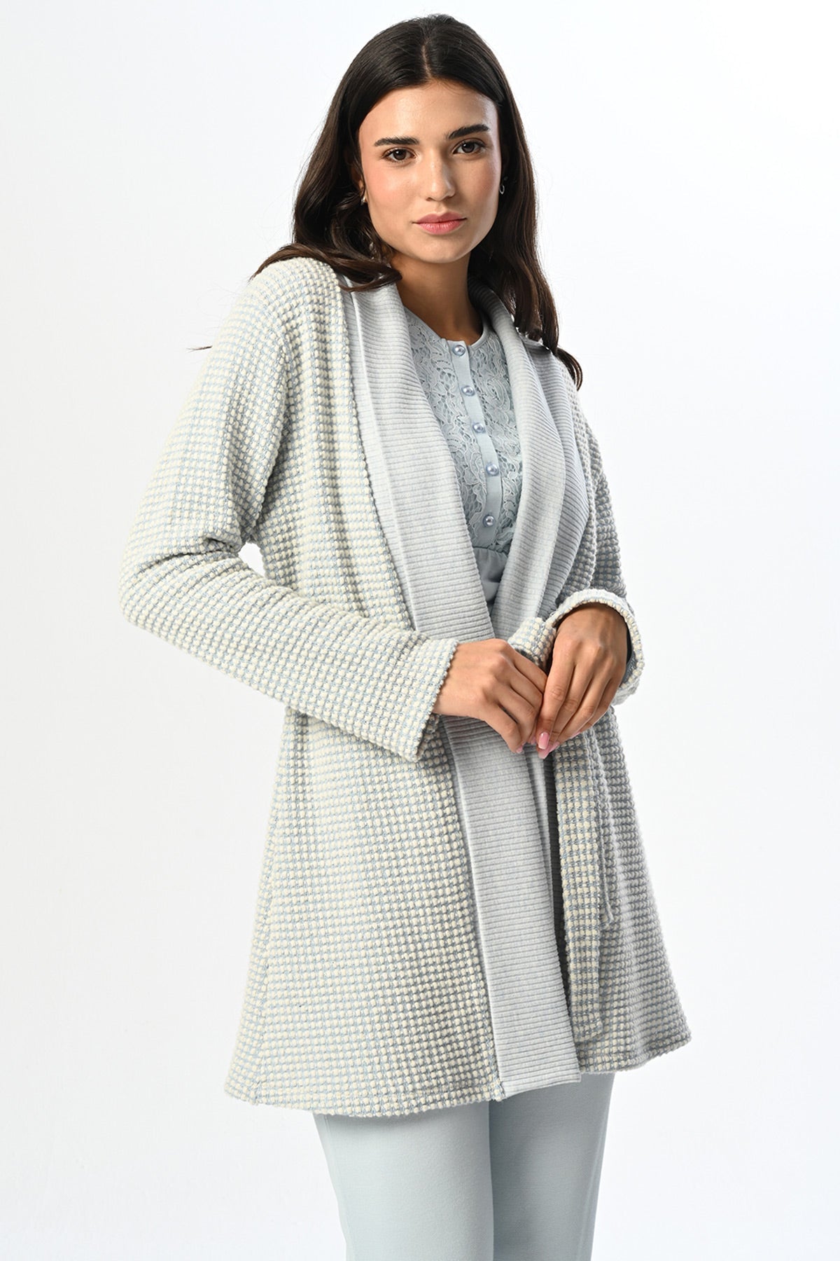 Lace Collar 3-Piece Maternity-Nursing Pajama & Knitwear Robe Set - 24348