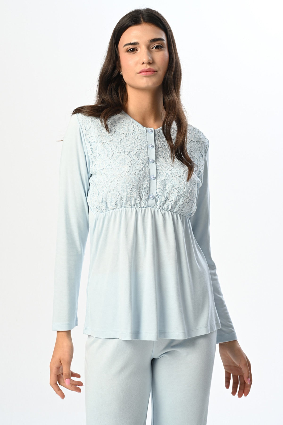Lace Collar 3-Piece Maternity-Nursing Pajama & Knitwear Robe Set - 24348