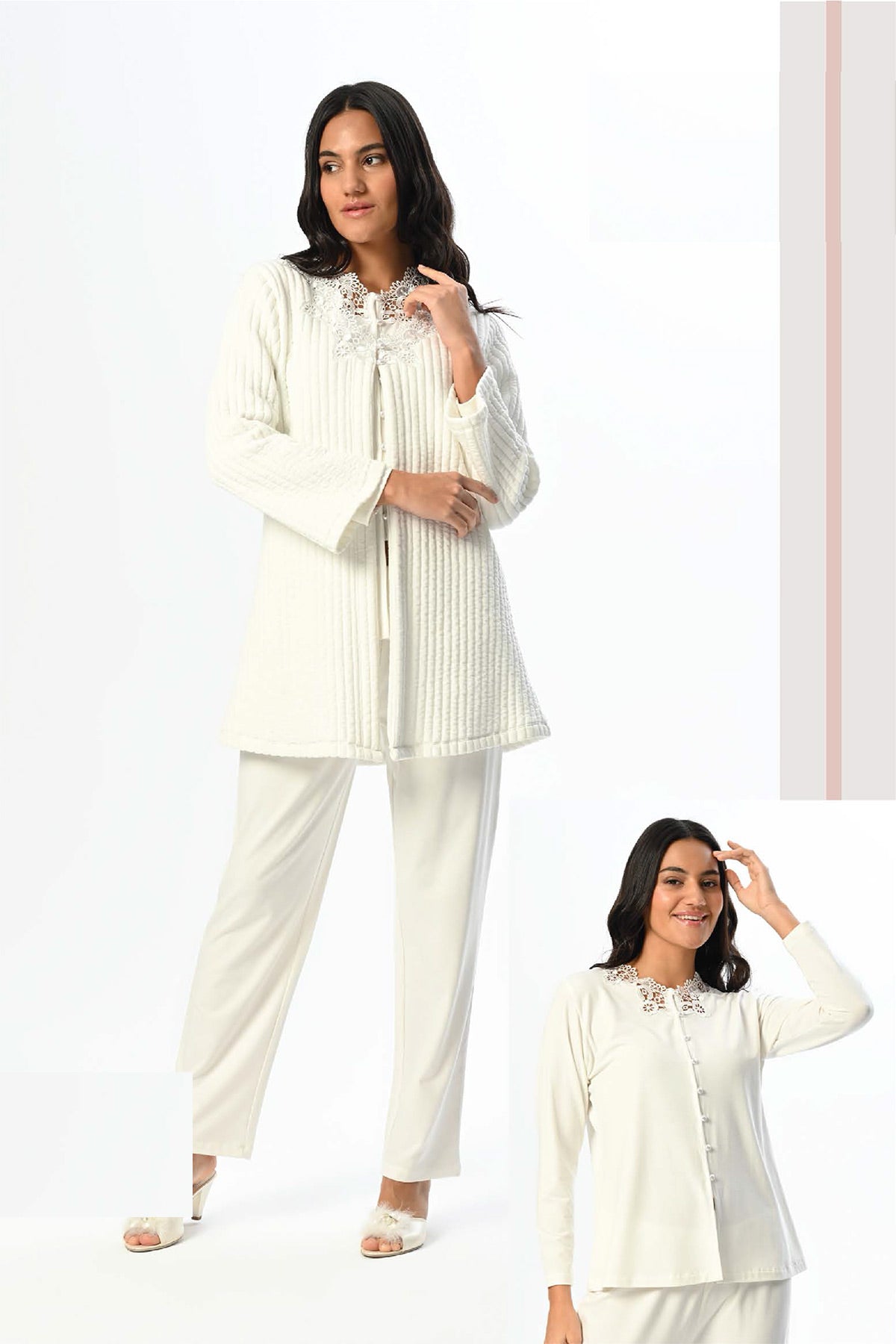 Lace Collar 3-Piece Maternity-Nursing Pajama & Ribbed Robe Set - 24349
