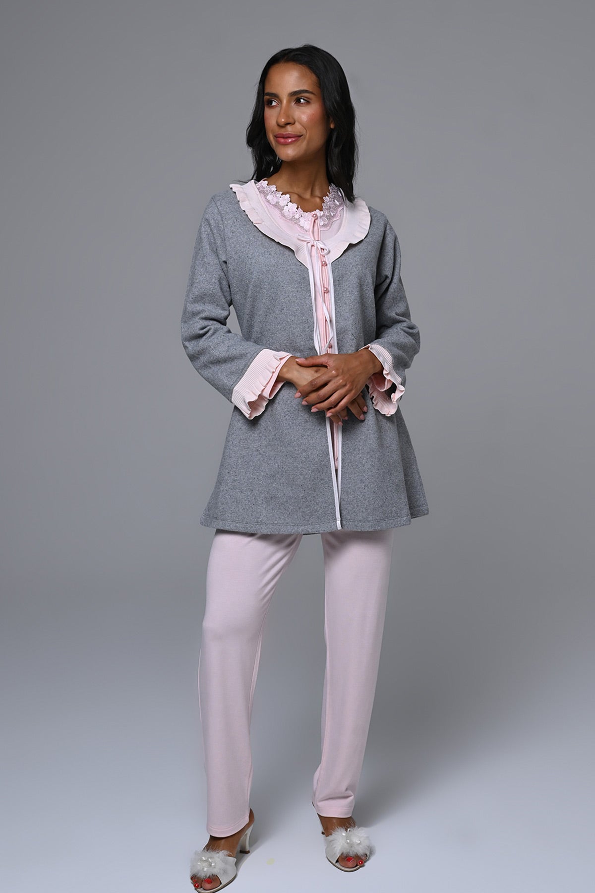 Lace Edge 3-Piece Maternity-Nursing Pajama & Melange Robe Set Pink - 24355