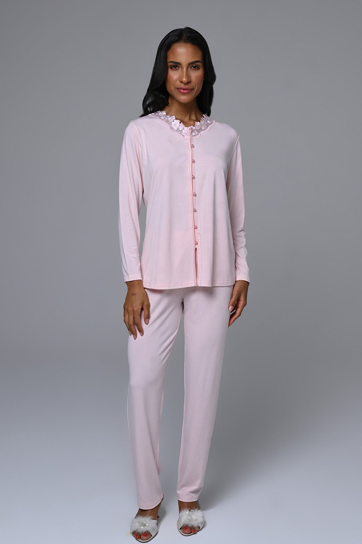 Lace Edge 3-Piece Maternity-Nursing Pajama & Melange Robe Set Pink - 24355